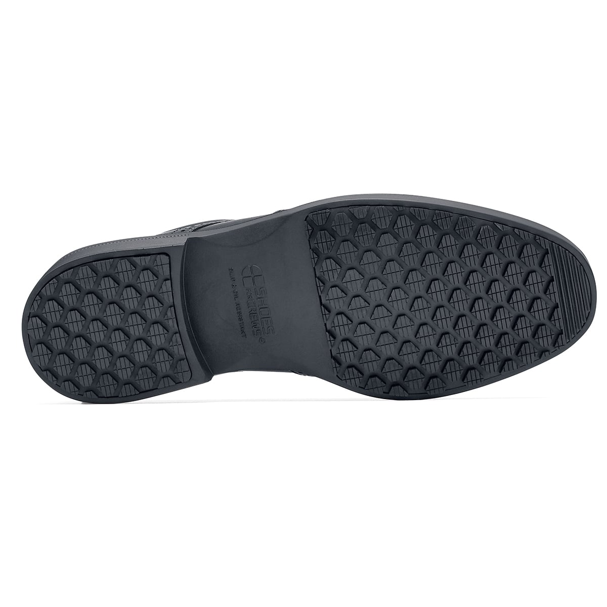 The Executive Wing Tip IV from Shoes For Crews, is an slip resistant dress shoe with a water resistant breathable leather upper to provide industry leading levels of grip and durability, seen from below.