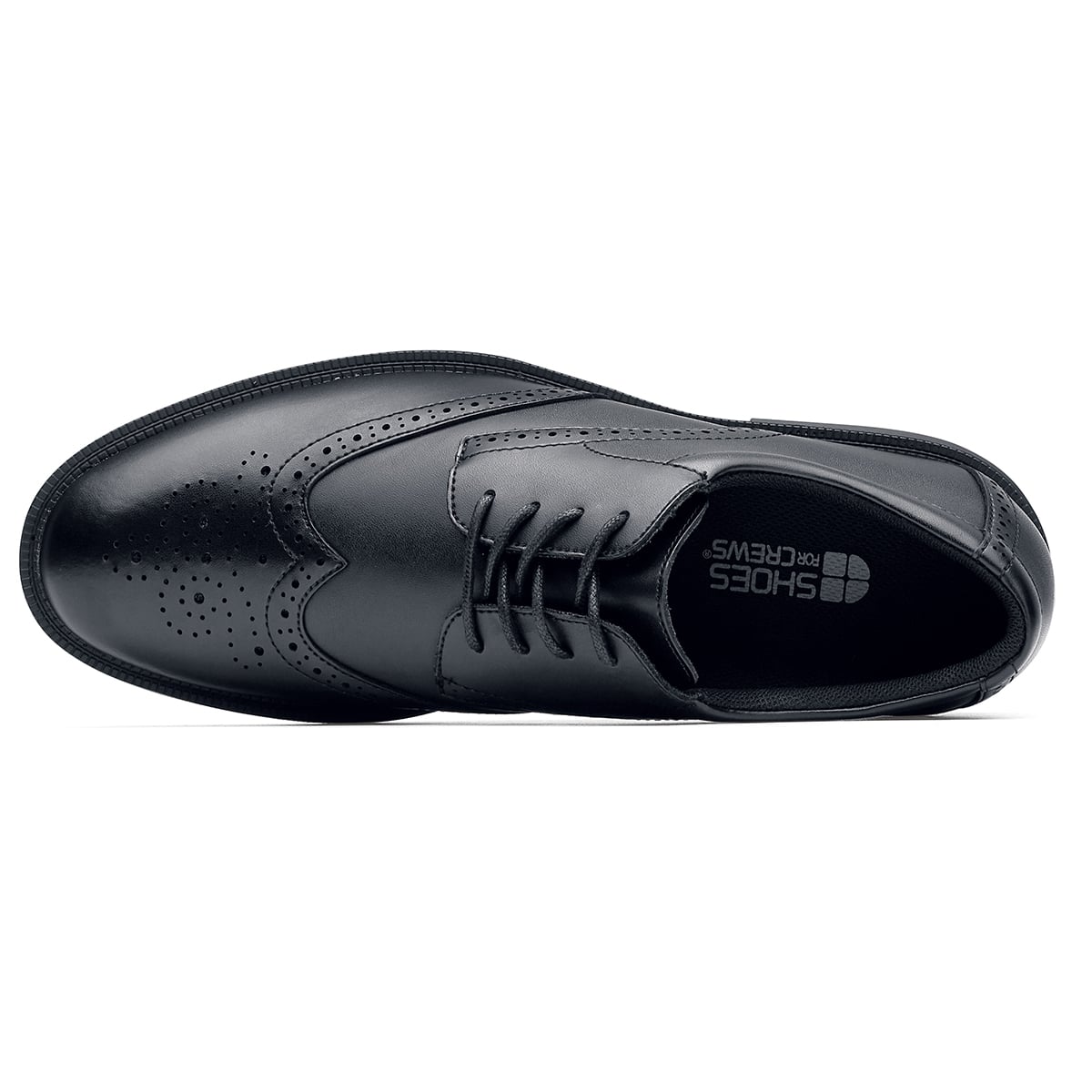 The Executive Wing Tip IV from Shoes For Crews, is an slip resistant dress shoe with a water resistant breathable leather upper to provide industry leading levels of grip and durability, seen from above.