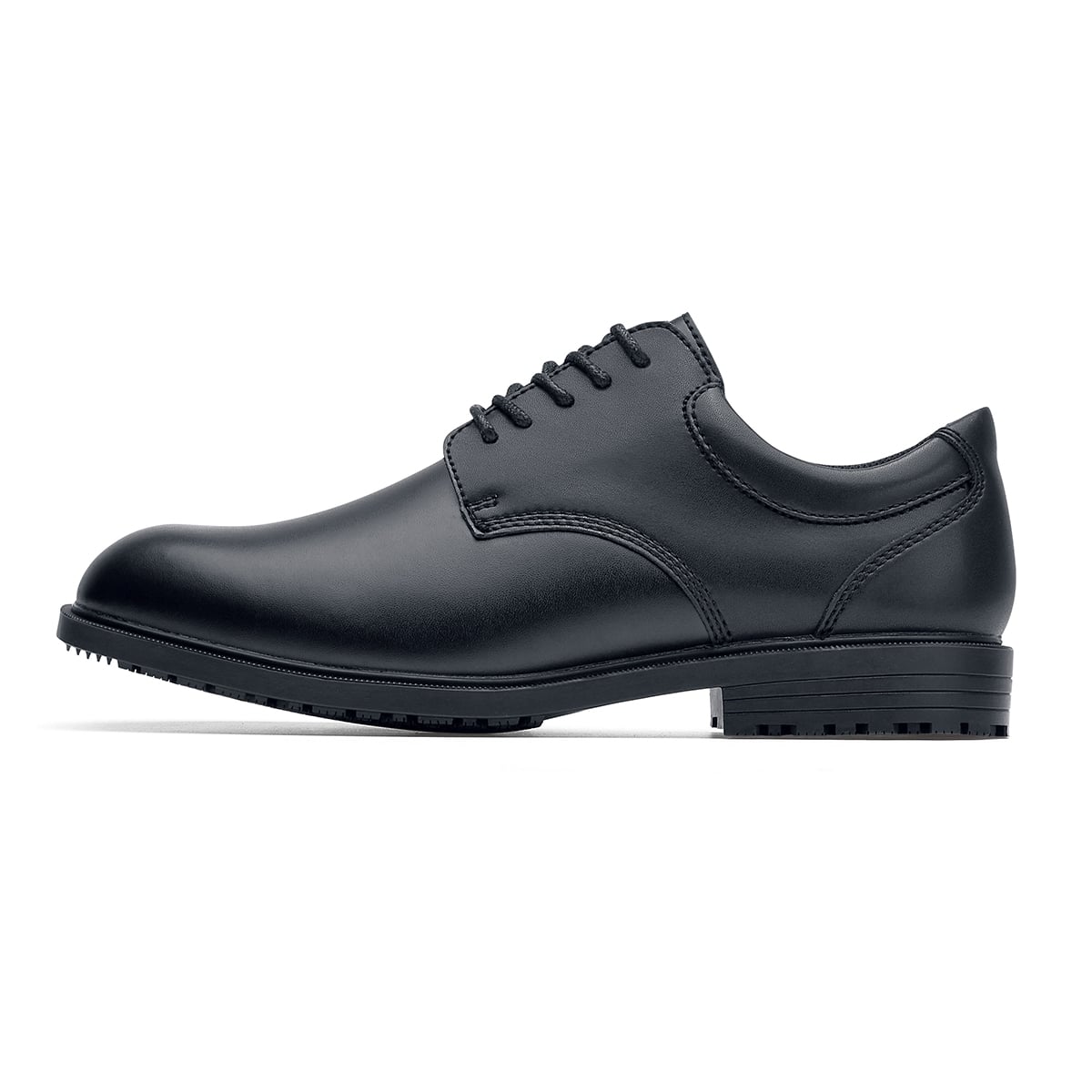 The Shoes for Crews Cambridge III is a slip-resistant leather dress shoe, with removable cushioned insoles and a padded comfort collar, seen from the left.