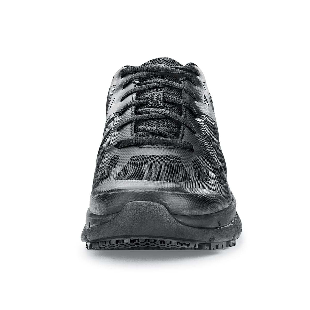 The Endurance II from Shoes For Crews is a slip-resistant shoe that features a Spill Guard to help keep out liquids, TripGuard and Flex Tread, seen from the front.