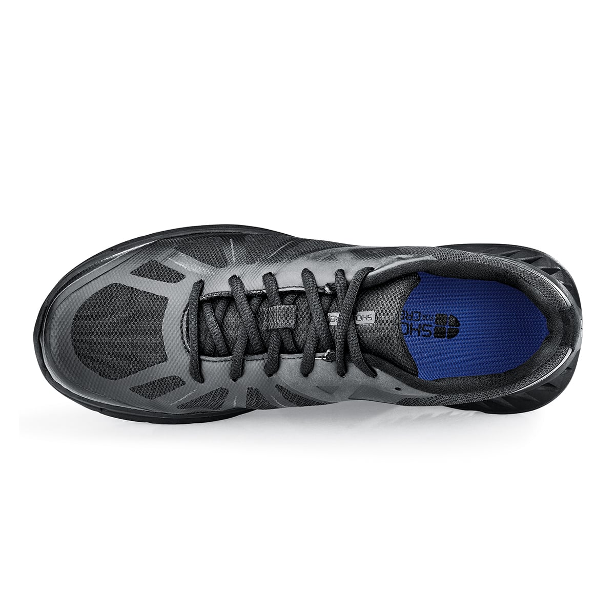 The Endurance II from Shoes For Crews is a slip-resistant shoe that features a Spill Guard to help keep out liquids, TripGuard and Flex Tread, seen from above.