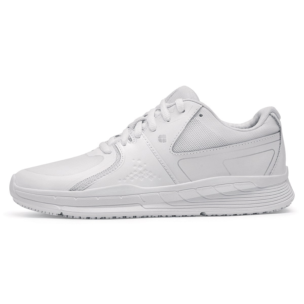 The Condor Women's White from Shoes for Crews is a slip-resistant shoe with laces, with additional padding and a removable cushioned insole, seen from the left.