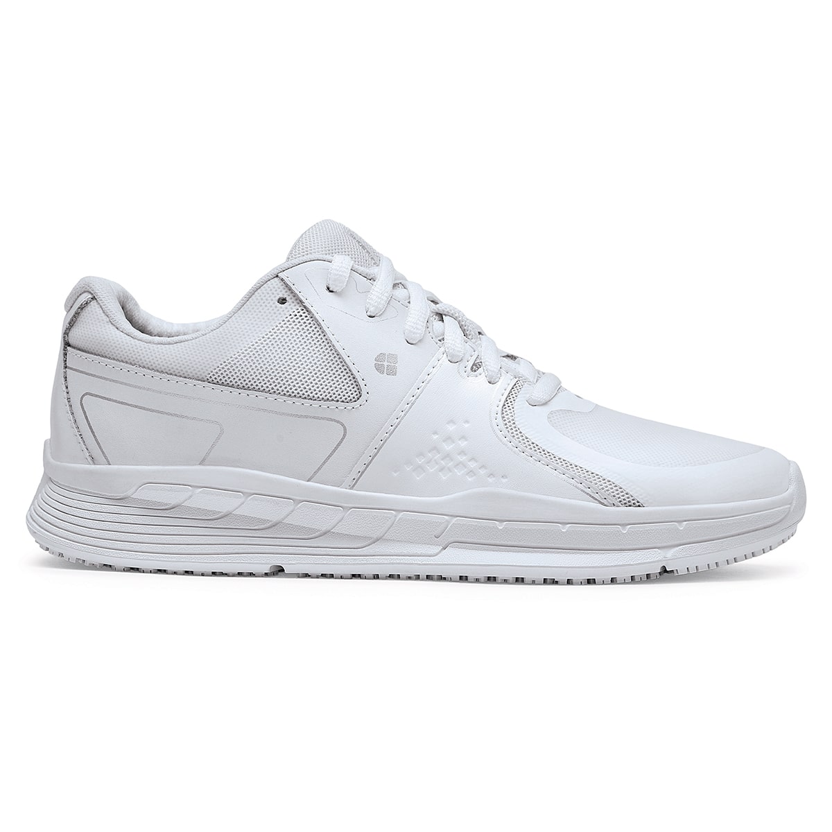 The Condor Women's White from Shoes for Crews is a slip-resistant shoe with laces, with additional padding and a removable cushioned insole, seen from the right.