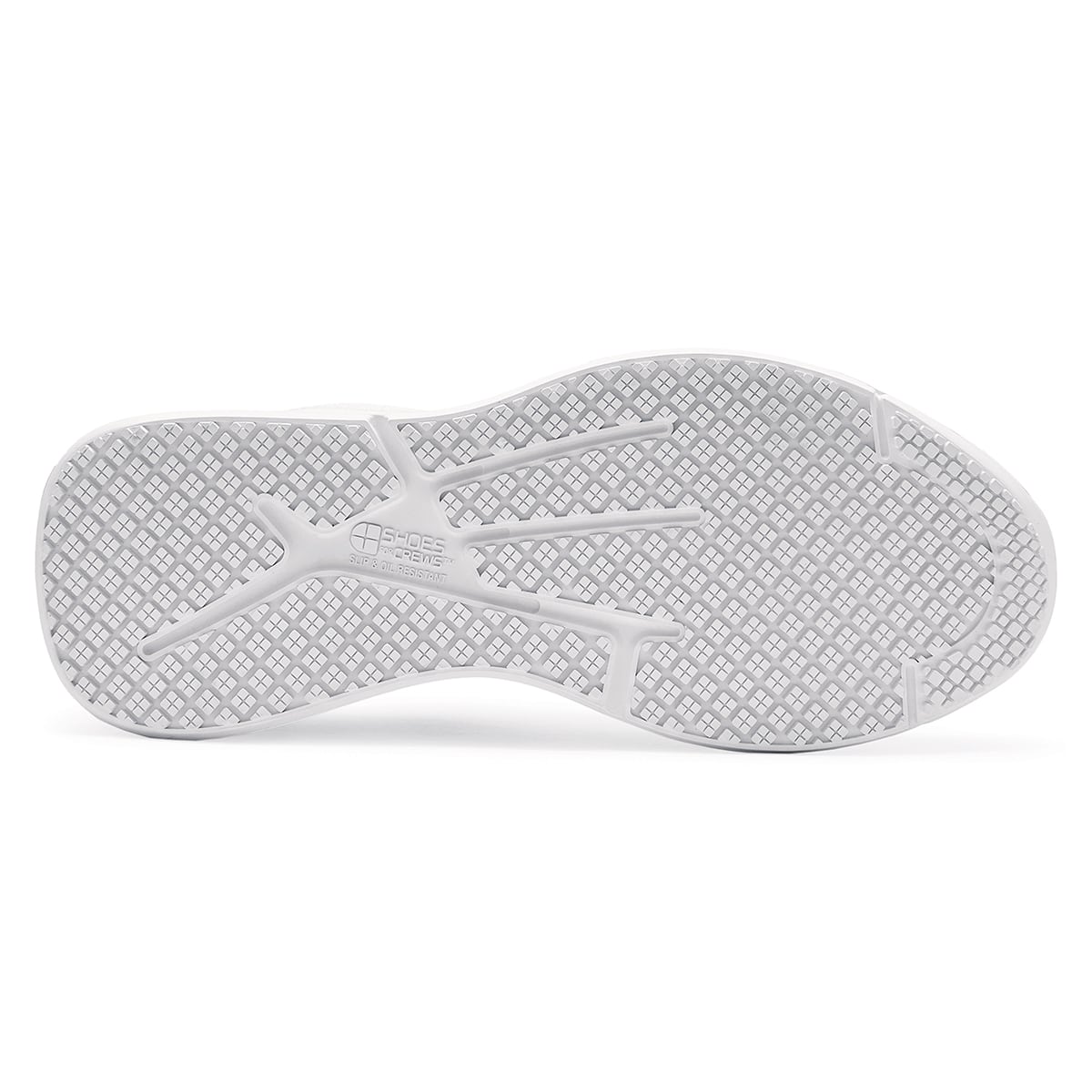 The Condor Women's White from Shoes for Crews is a slip-resistant shoe with laces, with additional padding and a removable cushioned insole, seen from below.