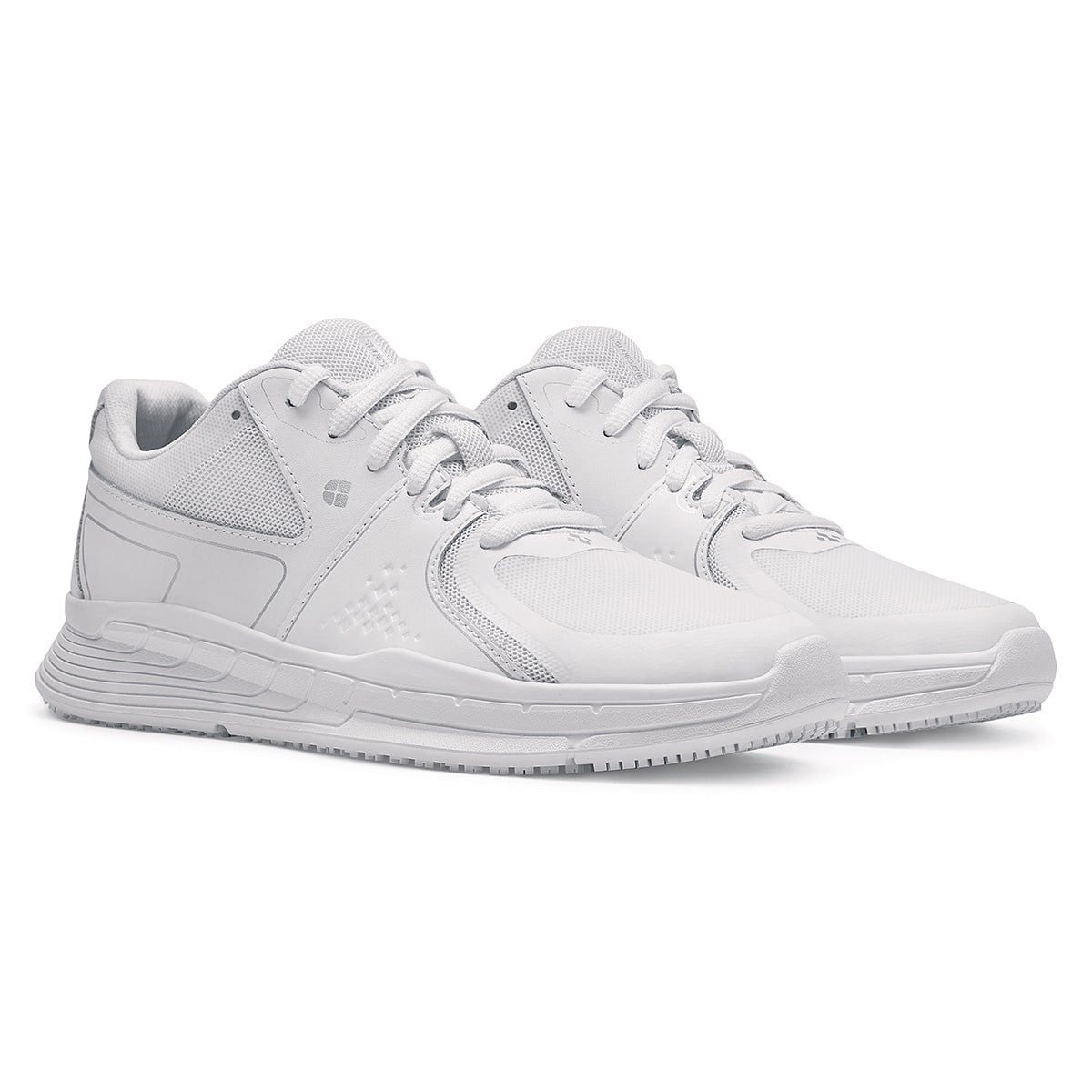 The Condor Women's White from Shoes for Crews is a slip-resistant shoe with laces, with additional padding and a removable cushioned insole,  pair seen in profile on the right.