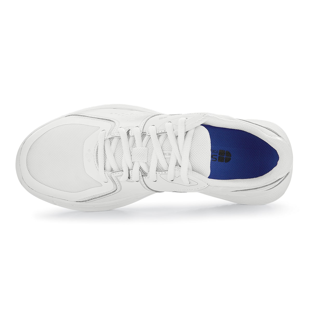 The Condor Women's White from Shoes for Crews is a slip-resistant shoe with laces, with additional padding and a removable cushioned insole, seen from above.