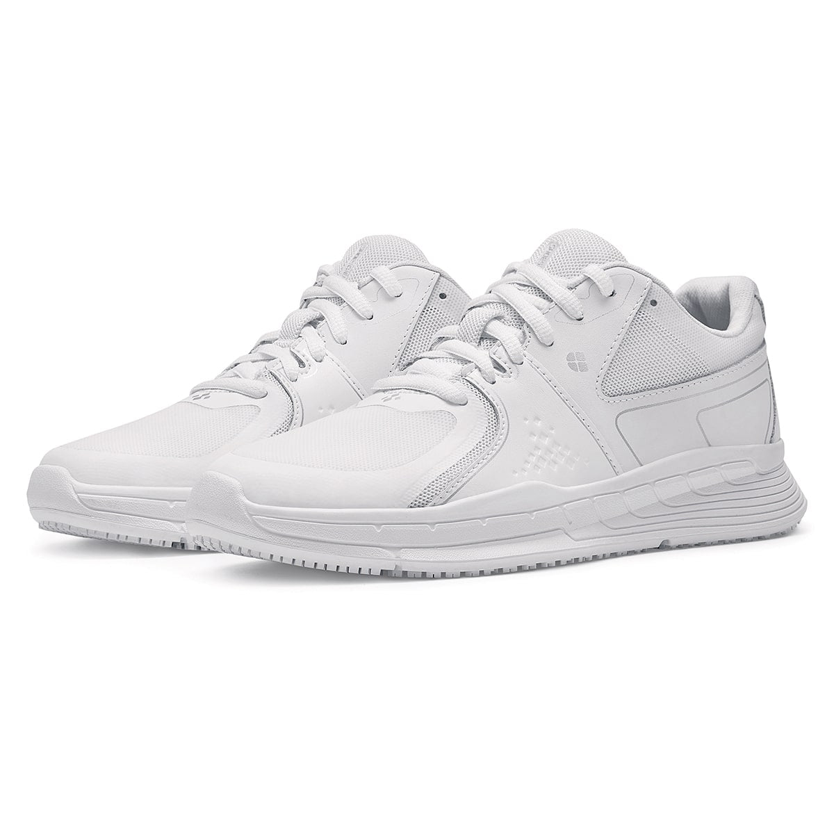 The Condor Women's White from Shoes for Crews is a slip-resistant shoe with laces, with additional padding and a removable cushioned insole,  pair seen in profile on the left.