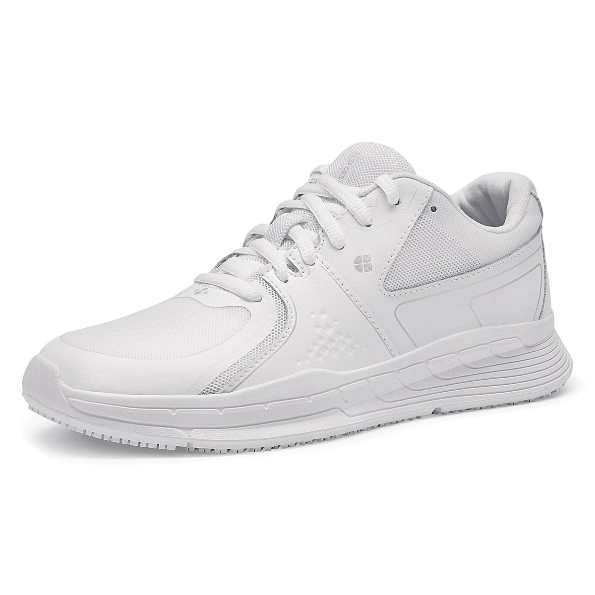 The Condor Women's White from Shoes for Crews is a slip-resistant shoe with laces, with additional padding and a removable cushioned insole,  pair seen in profile on the left.