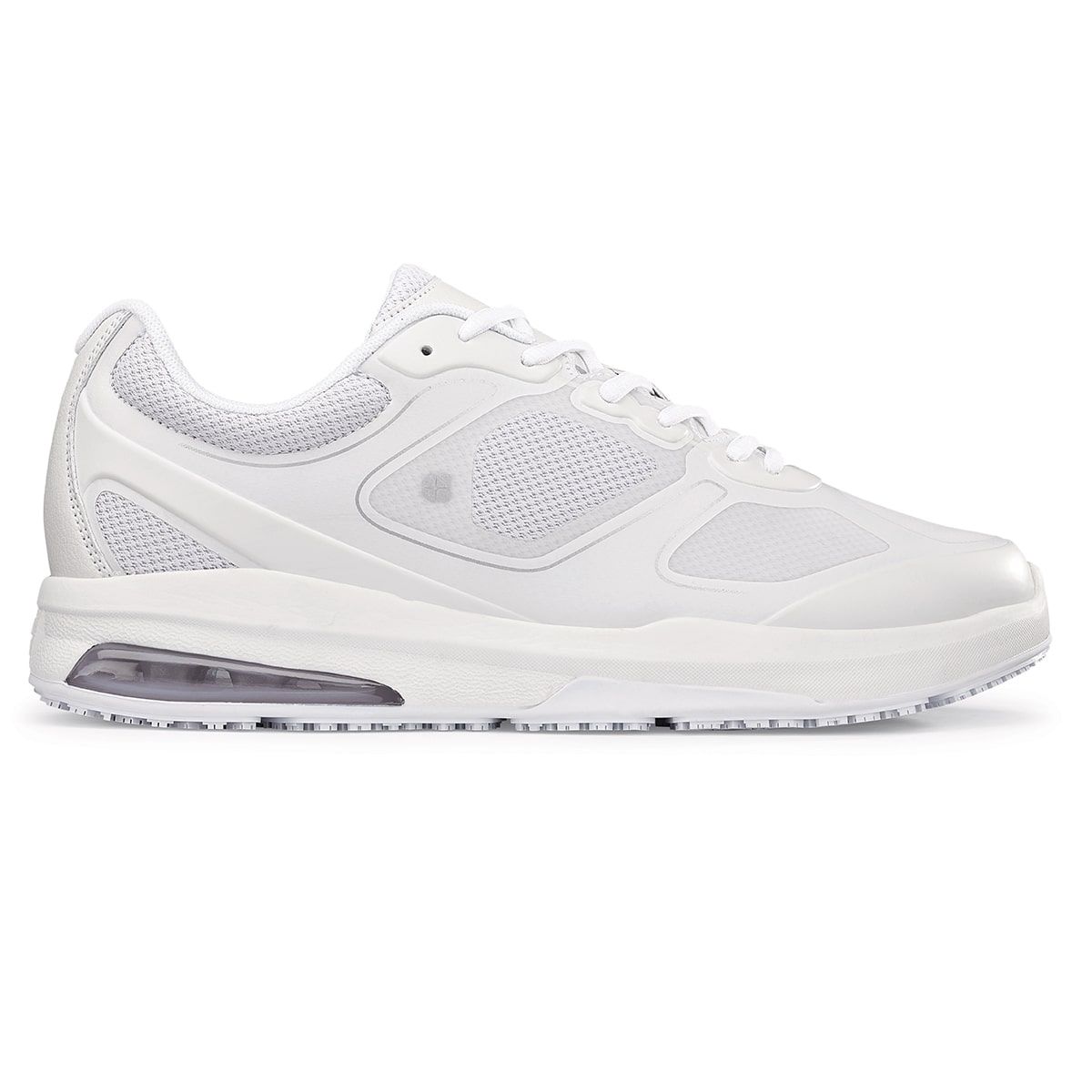 The Evolution II White from Shoes For Crews are slip-resistant and water-resistant trainers,  seen from the right.