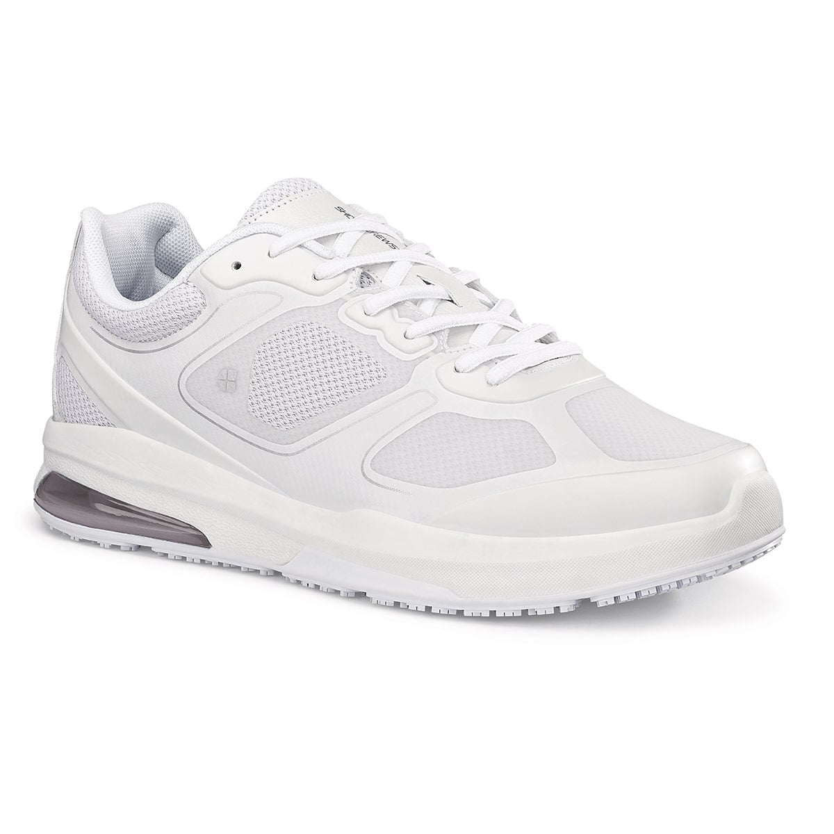The Evolution II White from Shoes For Crews are slip-resistant and water-resistant trainers, seen from the right profile.