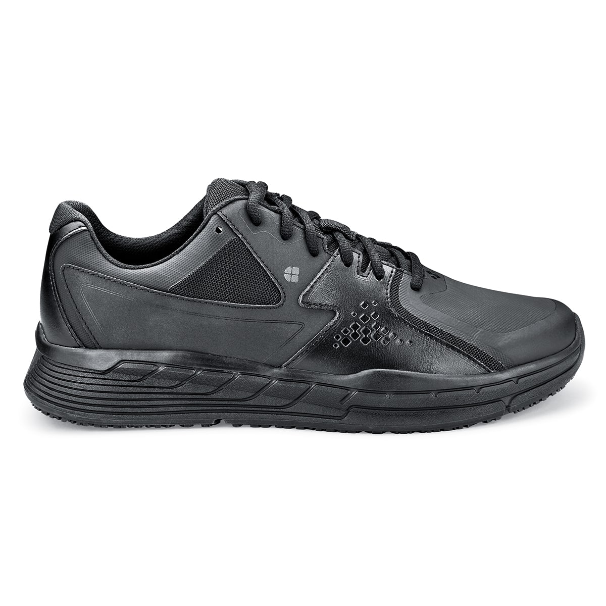 The Condor Men's Black from Shoes for Crews is a slip-resistant shoe with laces, with additional padding and a removable cushioned insole, seen from the right.