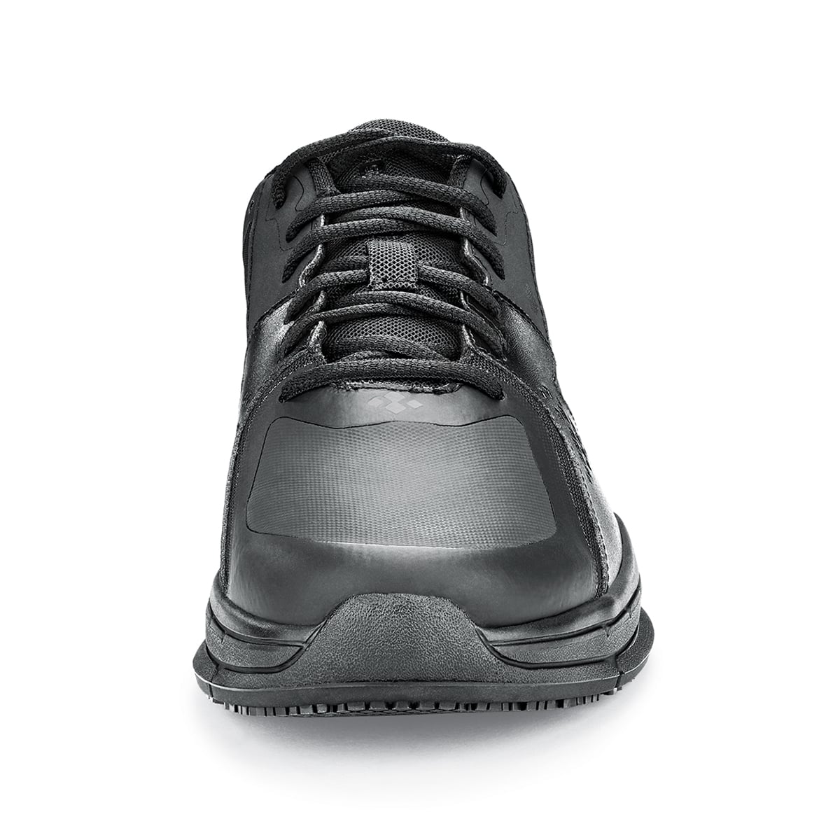 The Condor Men's Black from Shoes for Crews is a slip-resistant shoe with laces, with additional padding and a removable cushioned insole, seen from the front.