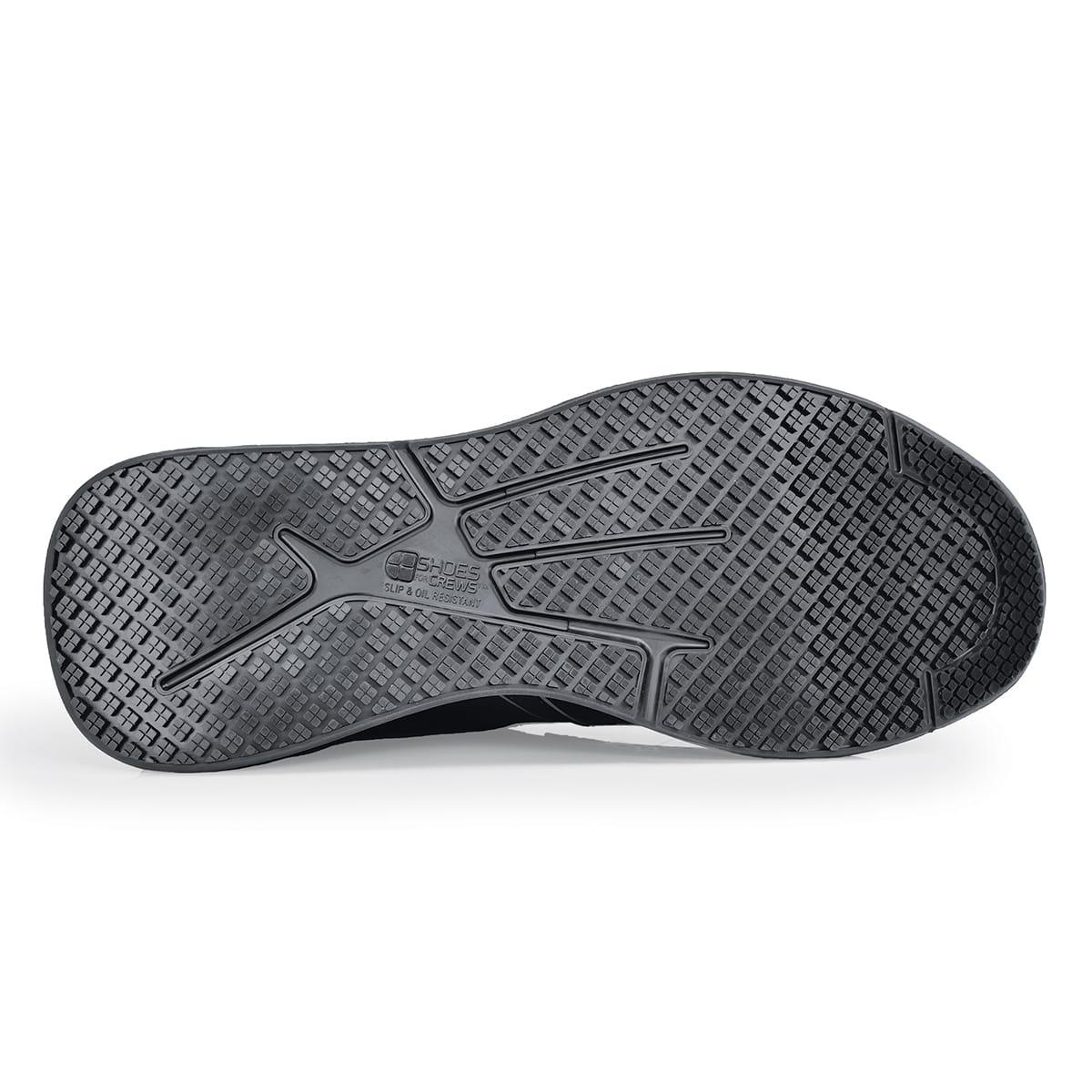 The Condor Men's Black from Shoes for Crews is a slip-resistant shoe with laces, with additional padding and a removable cushioned insole, seen from below.