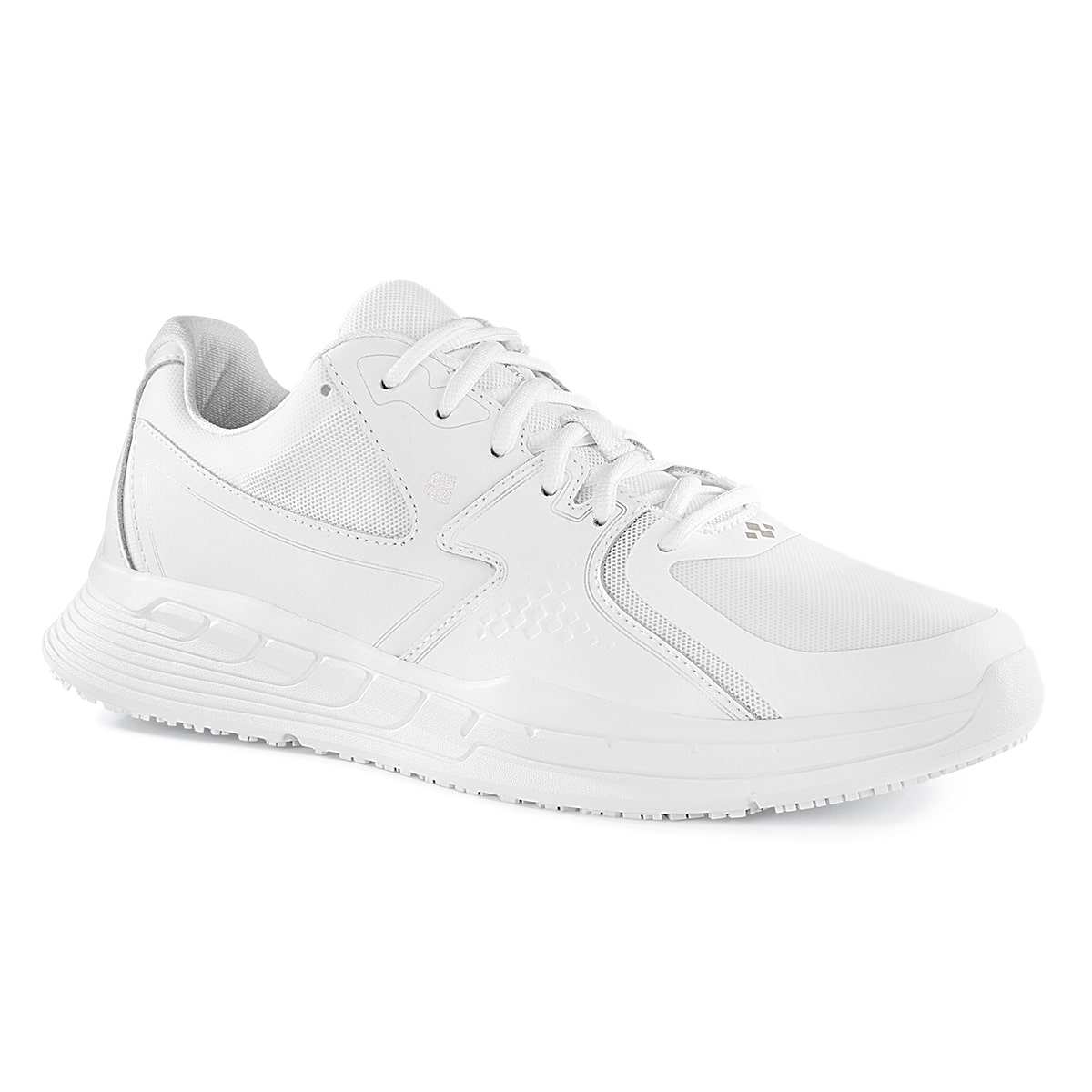 The Condor Men's White from Shoes for Crews is a slip-resistant shoe with laces, with additional padding and a removable cushioned insole, seen from the right profile.