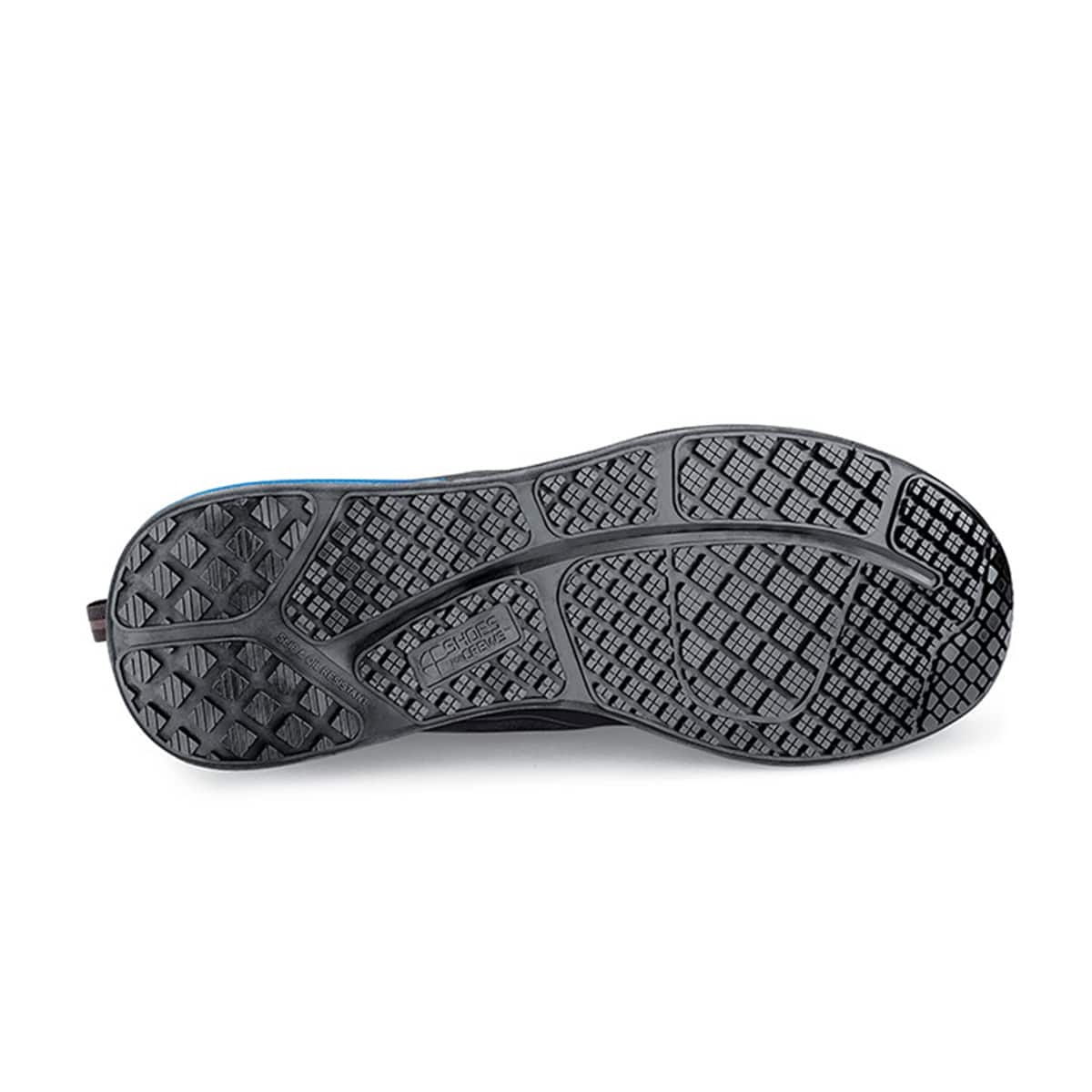 The Revolution II Black from Shoes For Crews are slip-resistant trainers designed to provide comfort, seen from below.
