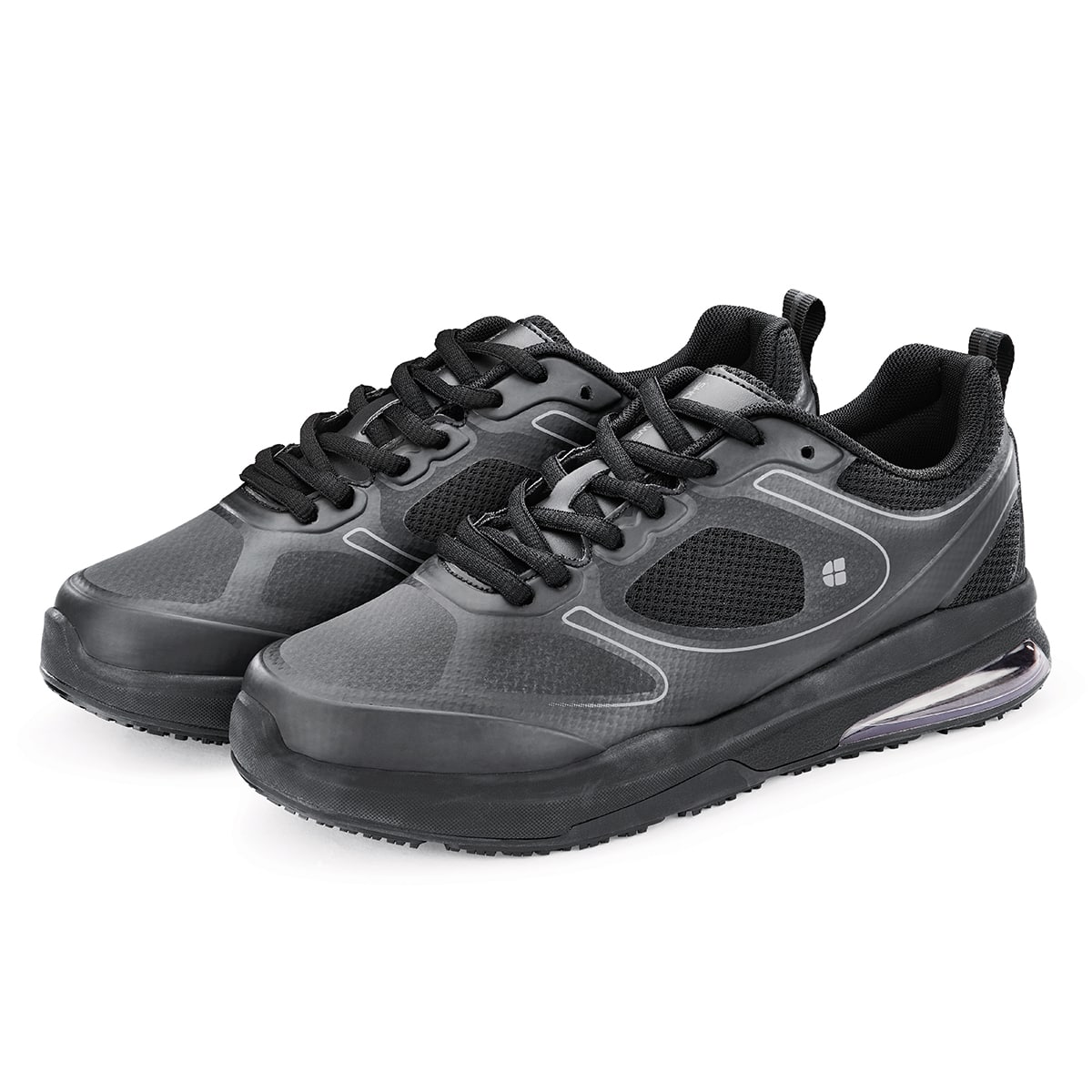 The Revolution II Black from Shoes For Crews are slip-resistant trainers designed to provide comfort, pair seen in profile on the left.