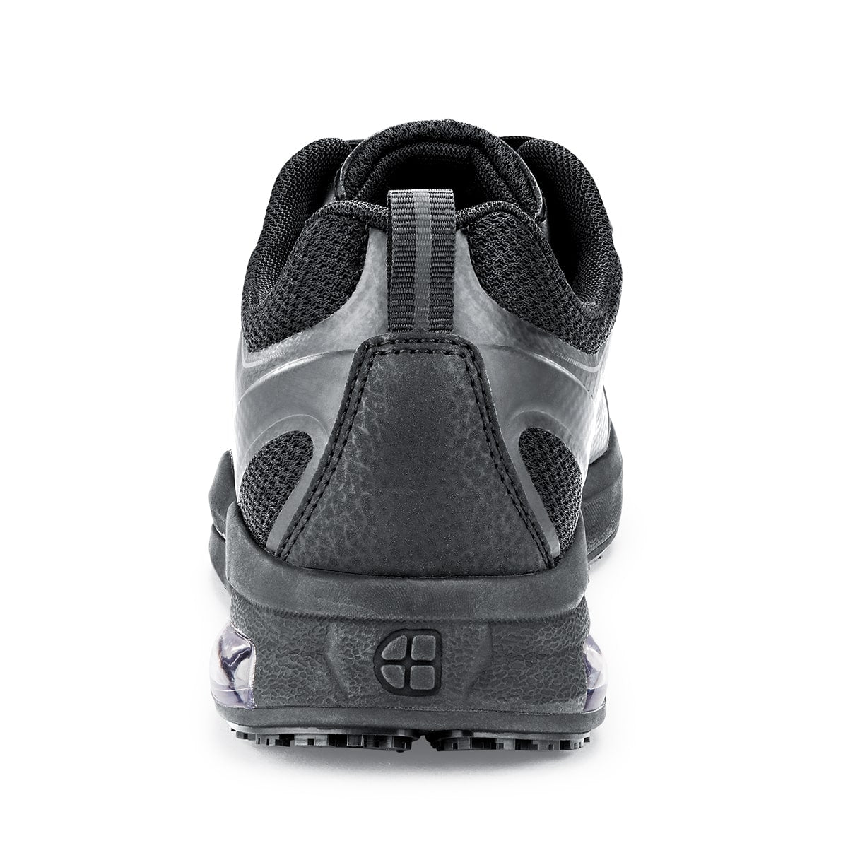 The Revolution II Black from Shoes For Crews are slip-resistant trainers designed to provide comfort, seen from the back.