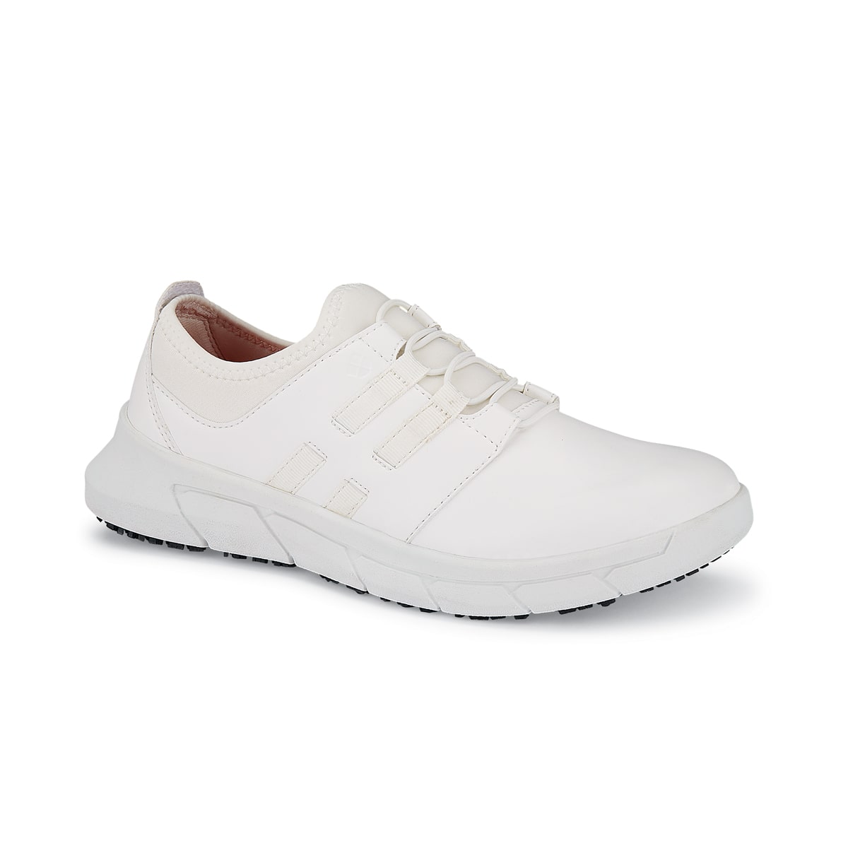 The Karina White by Lila from Shoes For Crews are black slip-resistant trainers that are lightweight and have Flex Tread technology, seen from the right profile.