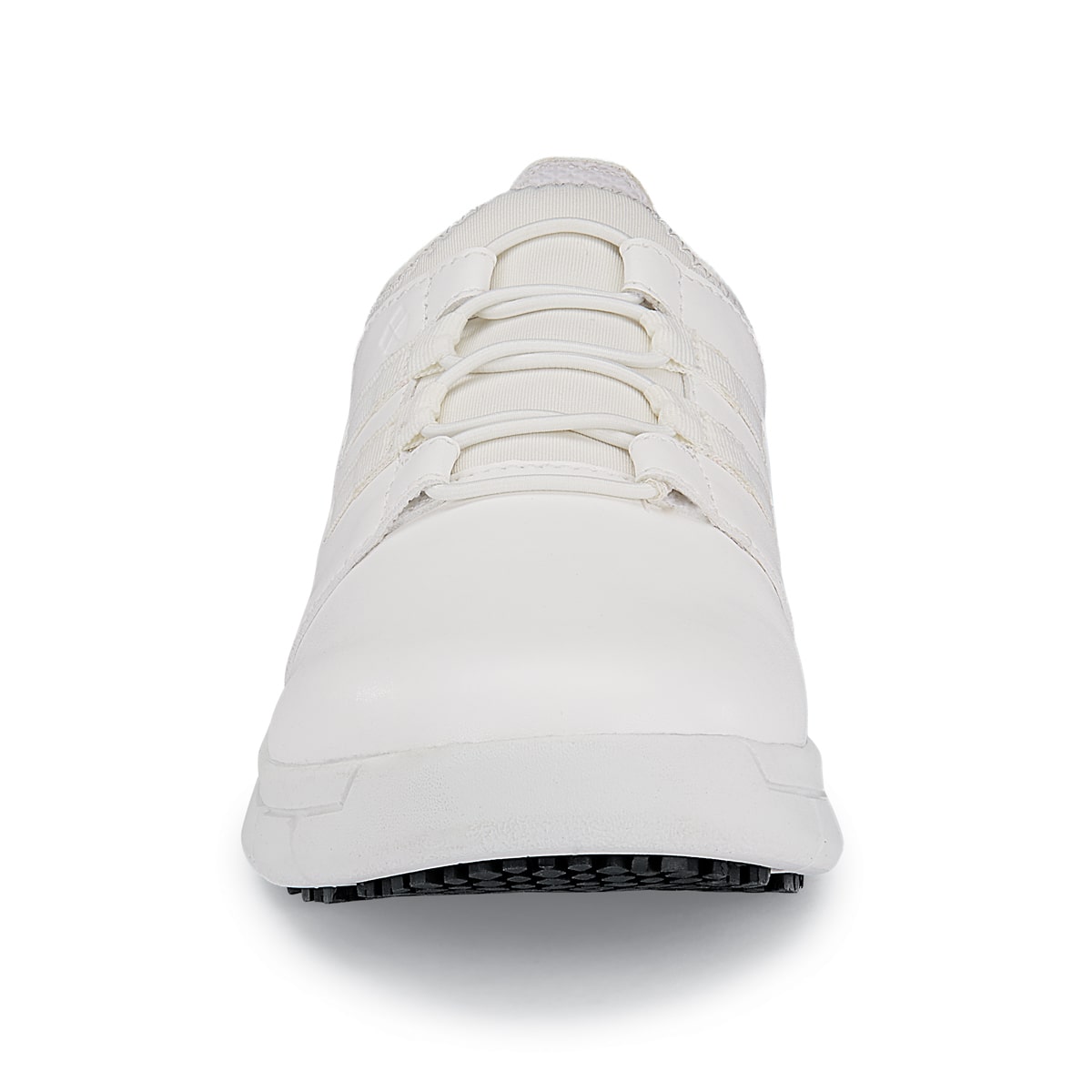 The Karina White by Lila from Shoes For Crews are black slip-resistant trainers that are lightweight and have Flex Tread technology, seen from front.