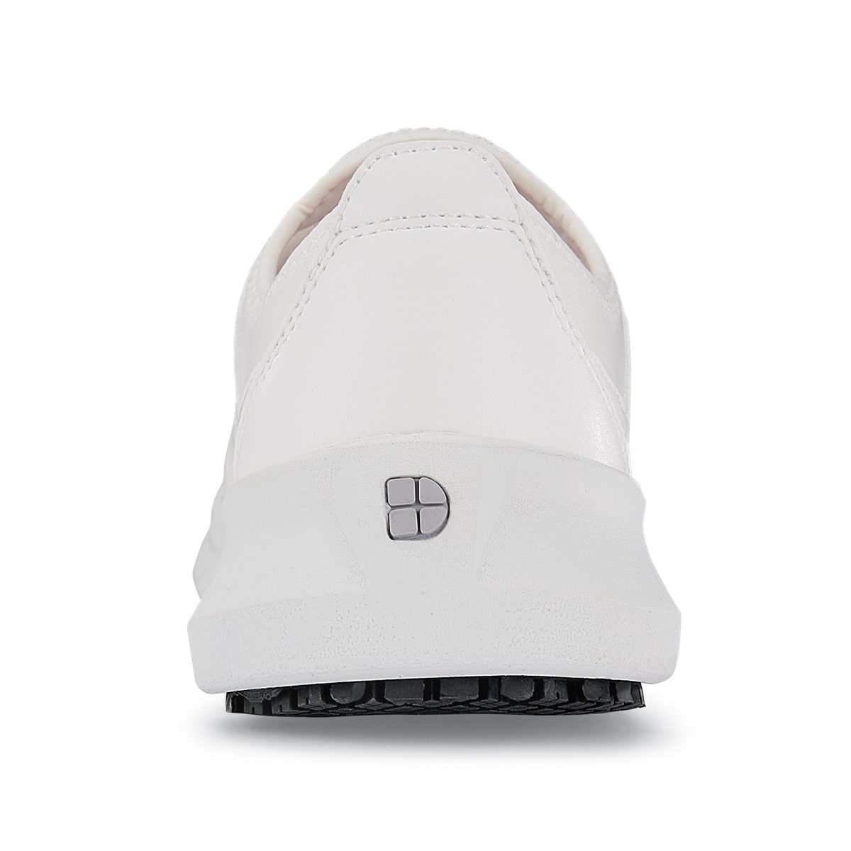 The Karina White by Lila from Shoes For Crews are black slip-resistant trainers that are lightweight and have Flex Tread technology, seen from the back.