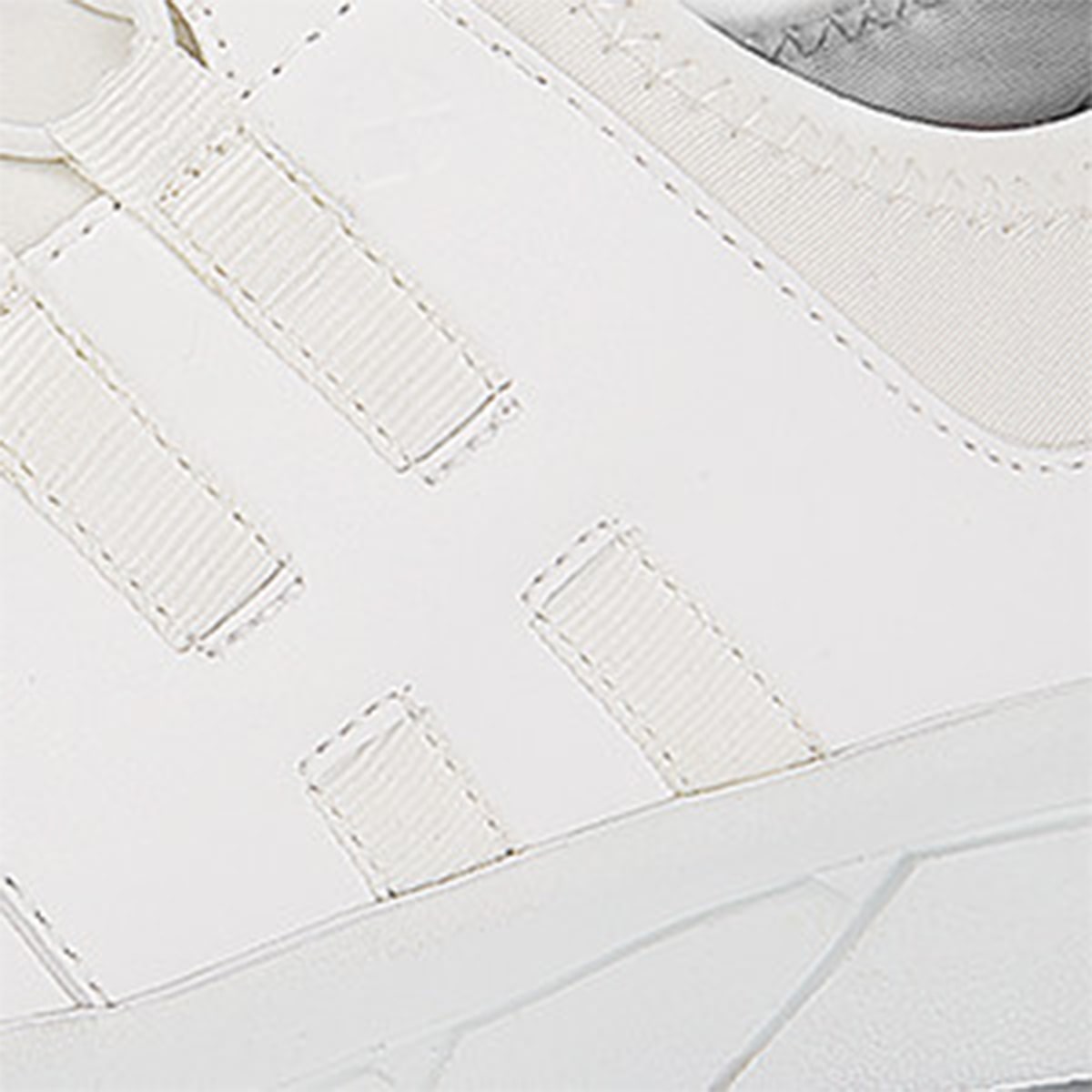 The Karina White by Lila from Shoes For Crews are black slip-resistant trainers that are lightweight and have Flex Tread technology, detailed photography.