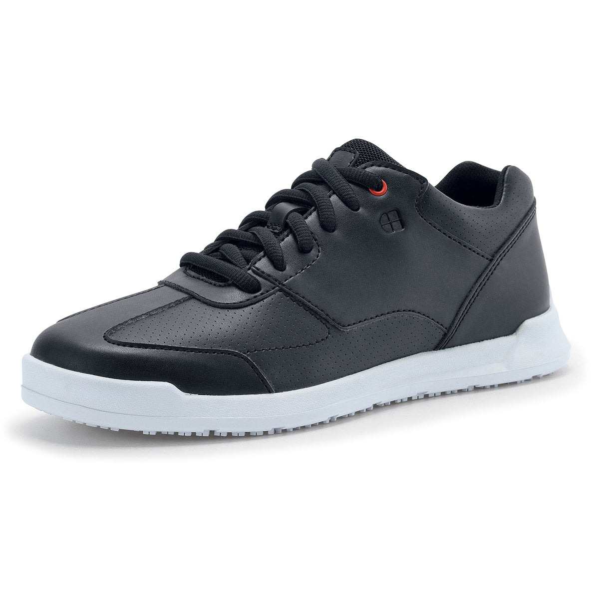 The Liberty White Outsole from Shoes For Crews are slip-resistant trainers with comfortable insoles, seen from the left profile.