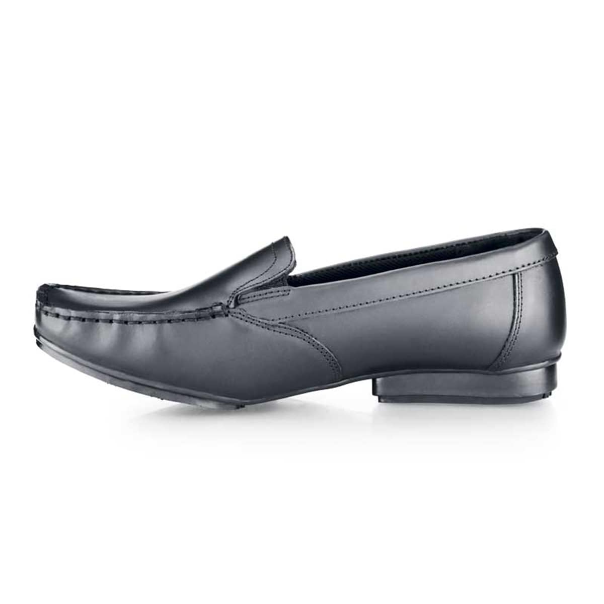 The Jenni from Shoes For Crews is a slip-on dress shoe, slip-resistant and designed to provide comfort throughout the working day, seen from the left.