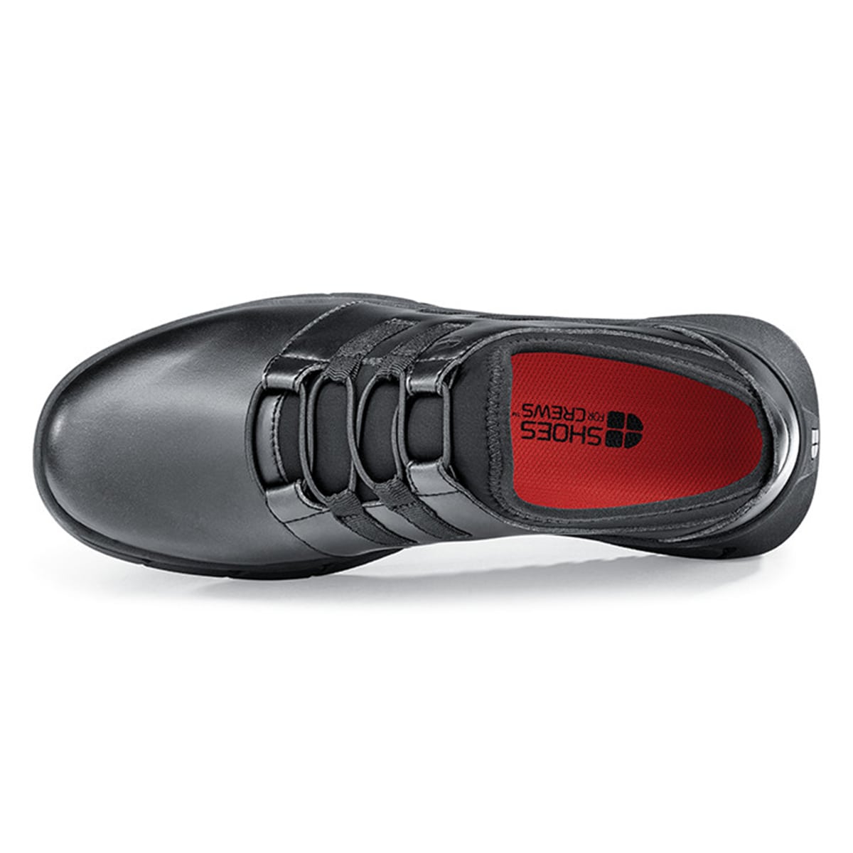 The Karina Black by Lila from Shoes For Crews are black slip-resistant trainers that are lightweight and have Flex Tread technology, seen from above.