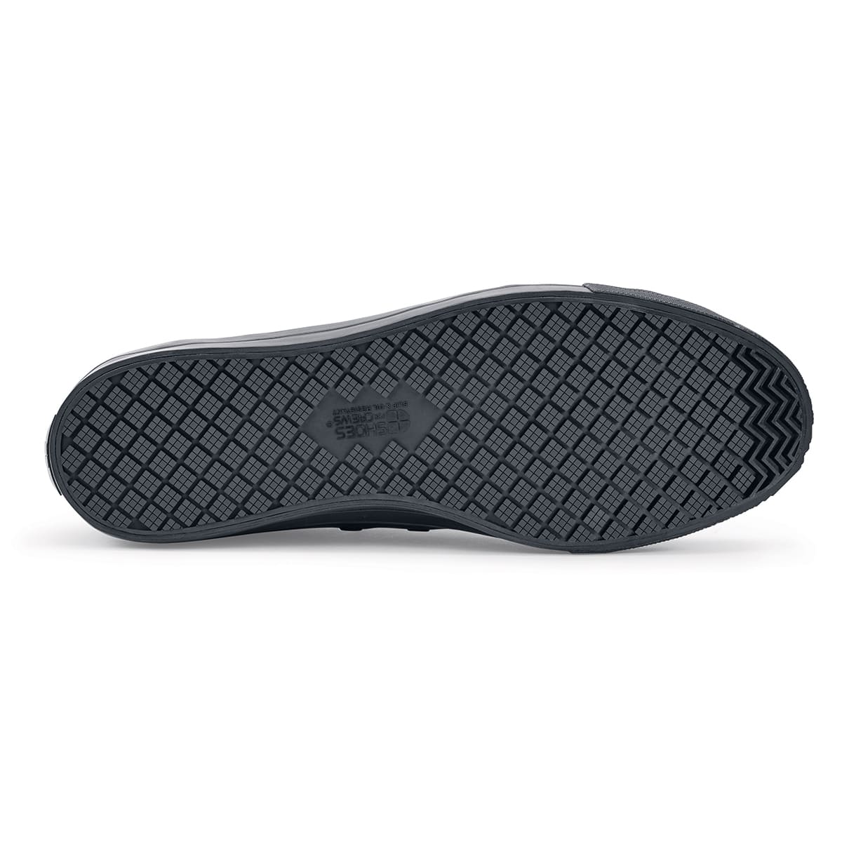 The Delray from Shoes For Crews is a lace-up shoe that has a slip-resistant upper sole with a tapered edge to prevent the risk of trips and falls, seen from below.