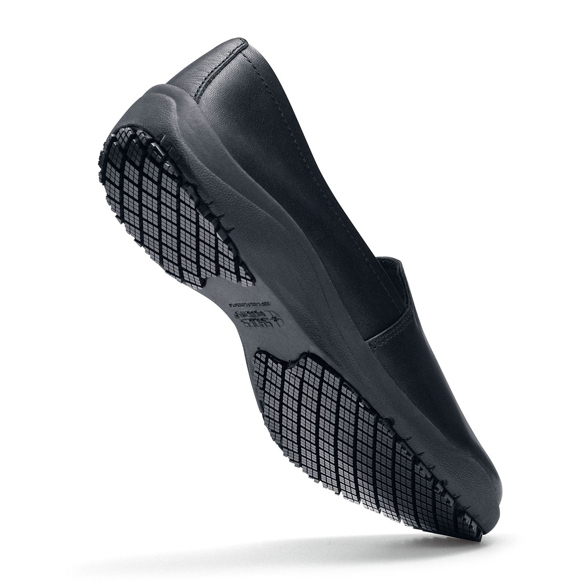 The Jasmine Black by Lila from Shoes for Crews are slip-resistant, casual, lightweight and water-resistant shoes, seen from the perpendicular.