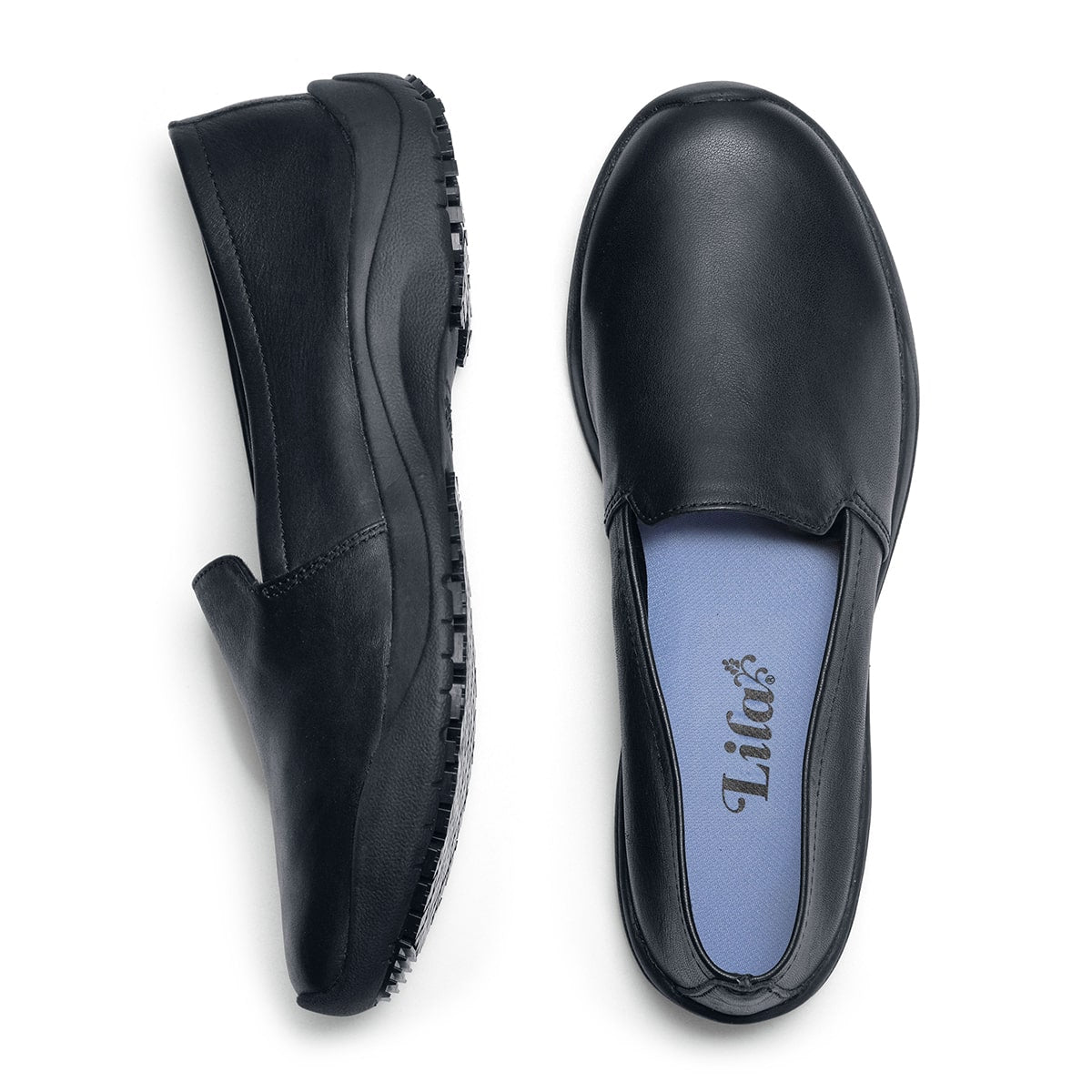 The Jasmine Black by Lila from Shoes for Crews are slip-resistant, casual, lightweight and water-resistant shoes, seen vertically from the side and from above.