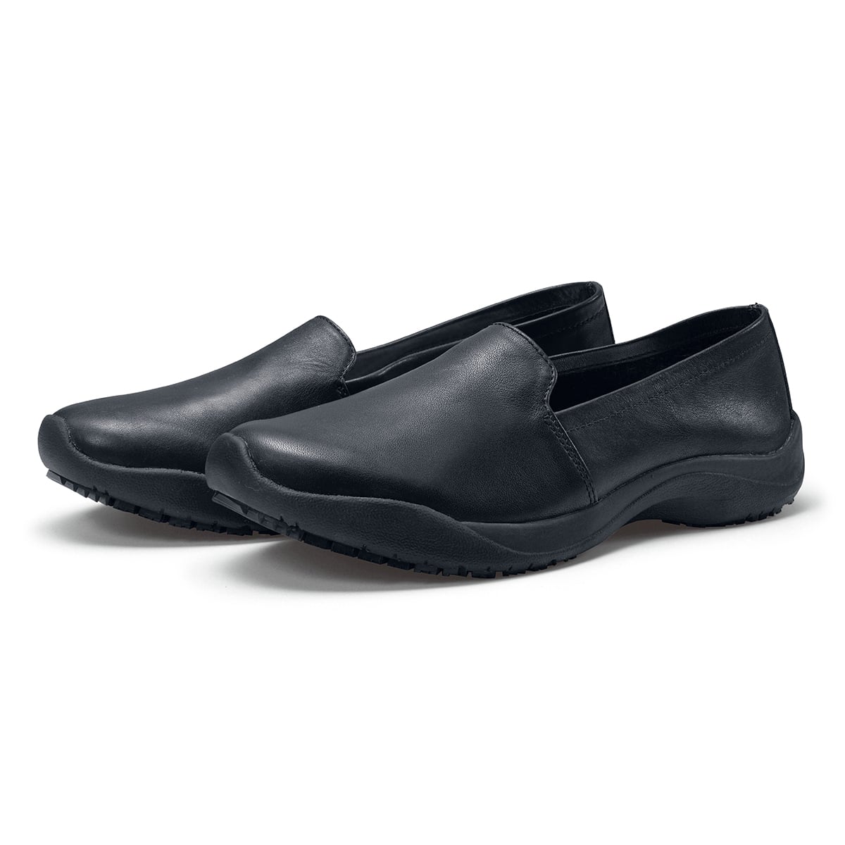 The Jasmine Black by Lila from Shoes for Crews are slip-resistant, casual, lightweight and water-resistant shoes, pair seen in profile on the left.