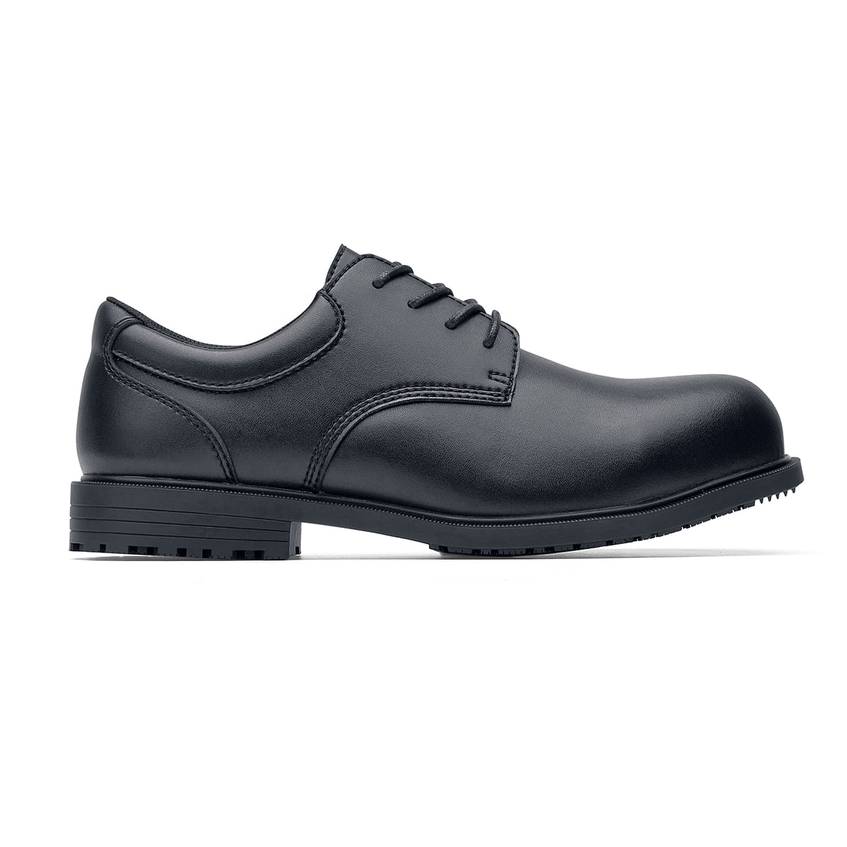 The Shoes for Crews Cambridge ST II  is an slip-resistant vegan leather dress shoe with steel toe (200 joules),  seen from the right.