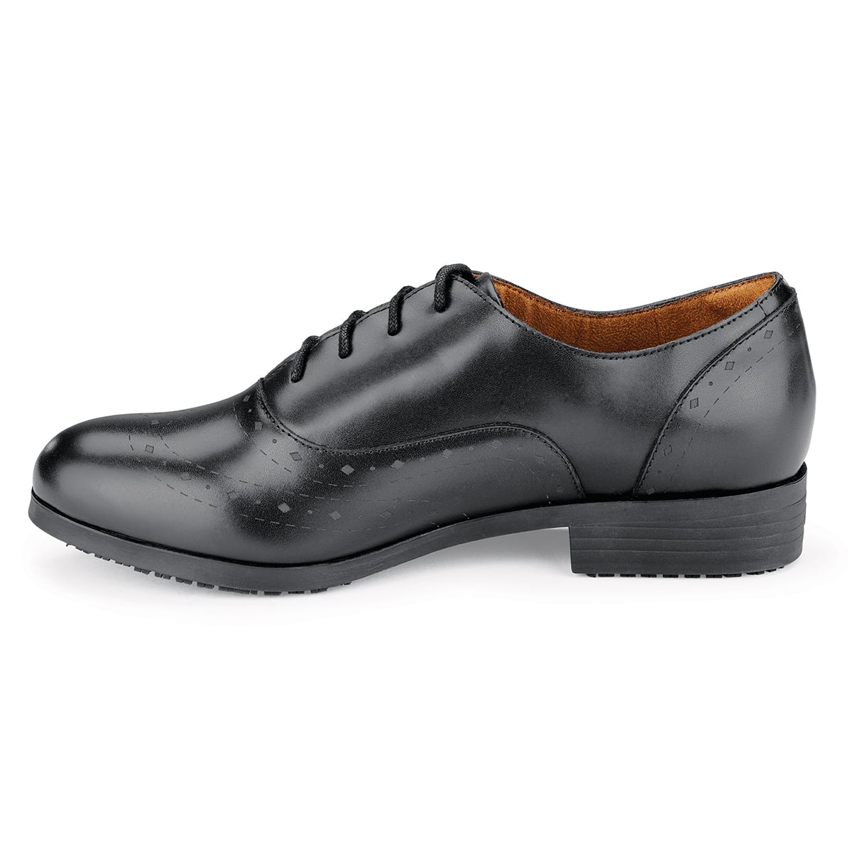 The Kora from Shoes For Crews are slip-resistant dress shoes, seen from the left.