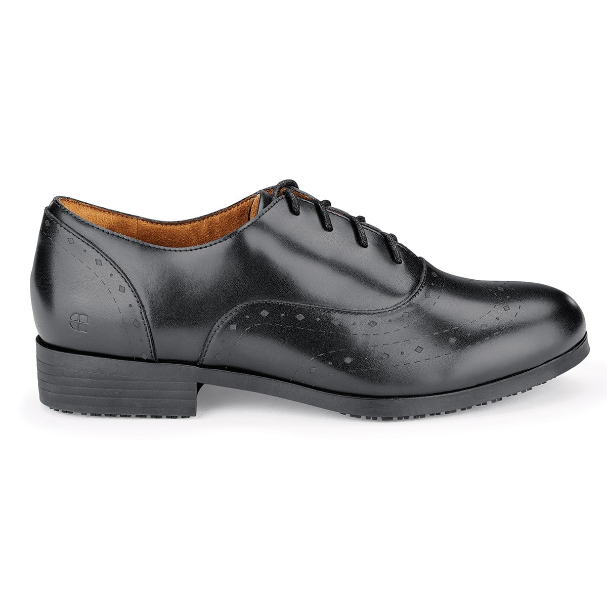 The Kora from Shoes For Crews are slip-resistant dress shoes, seen from the right.