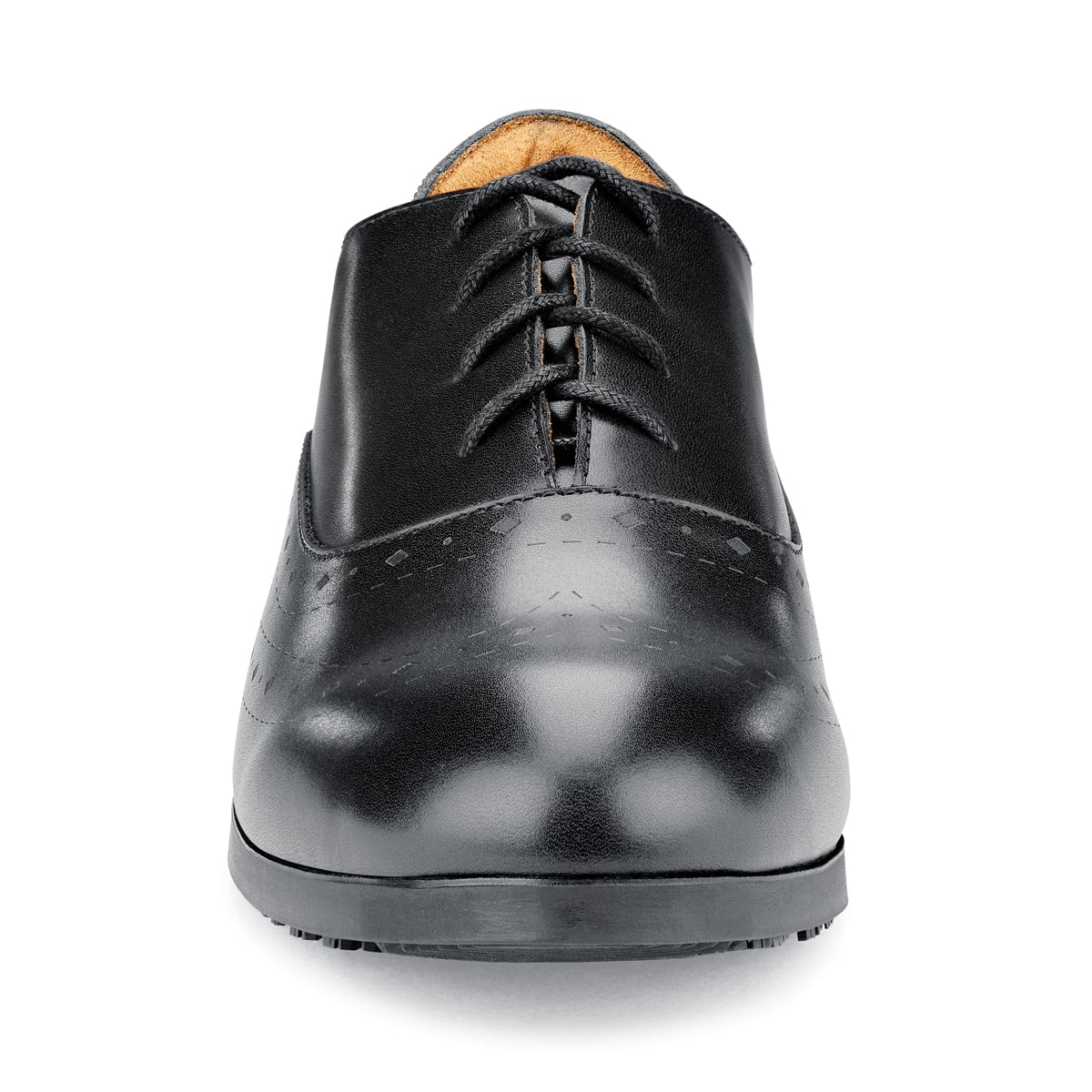 The Kora from Shoes For Crews are slip-resistant dress shoes,seen from front.