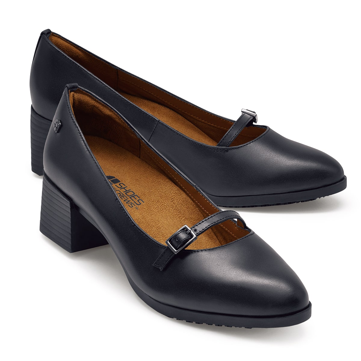 The Marla from Shoes For Crews has extra cushioning built in for incredible comfort, with TripGuard to keep you moving smoothly and a slip-resistant sole, pair seen from the right side, emphasised on the tip of the right shoe.