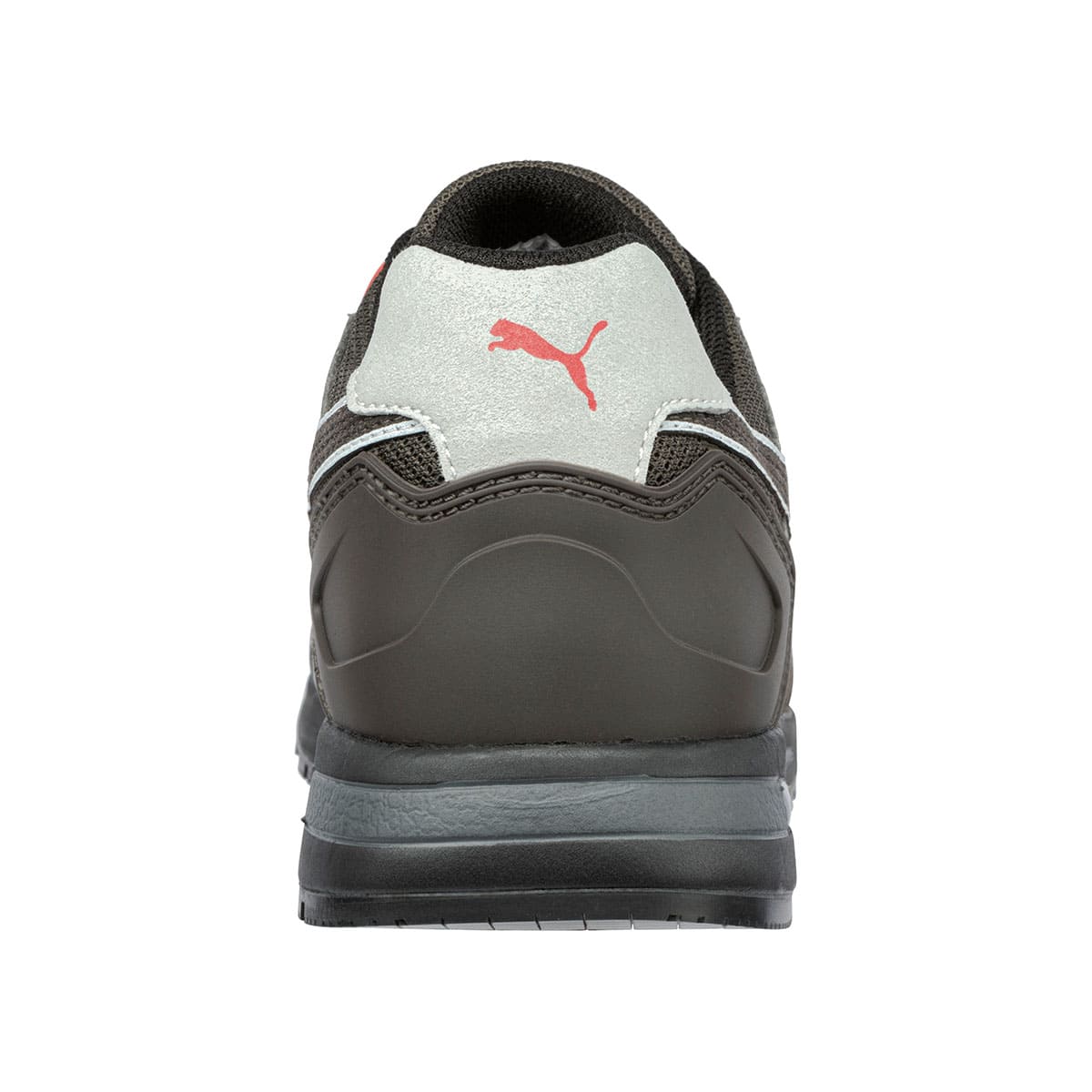 The Frontside Ivy Low from Puma Safety X Shoes For Crews are slip-resistant safety shoes with a clog-resistant outsole and composite-fiberglass toe cap, seen from the back.