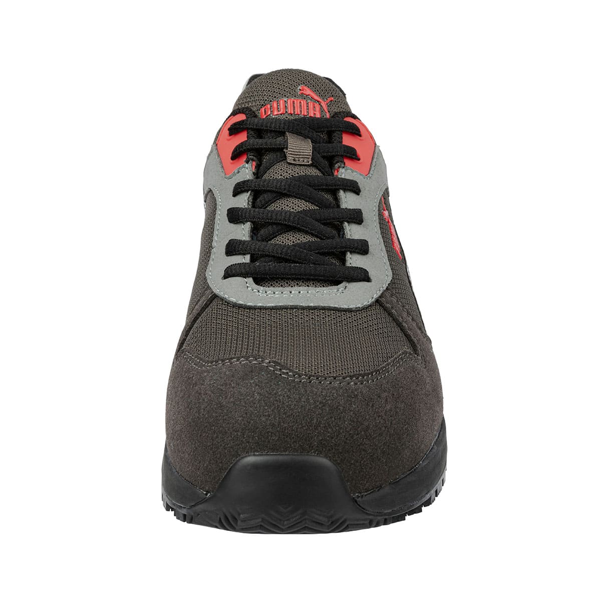 The Frontside Ivy Low from Puma Safety X Shoes For Crews are slip-resistant safety shoes with a clog-resistant outsole and composite-fiberglass toe cap, seen from the front.