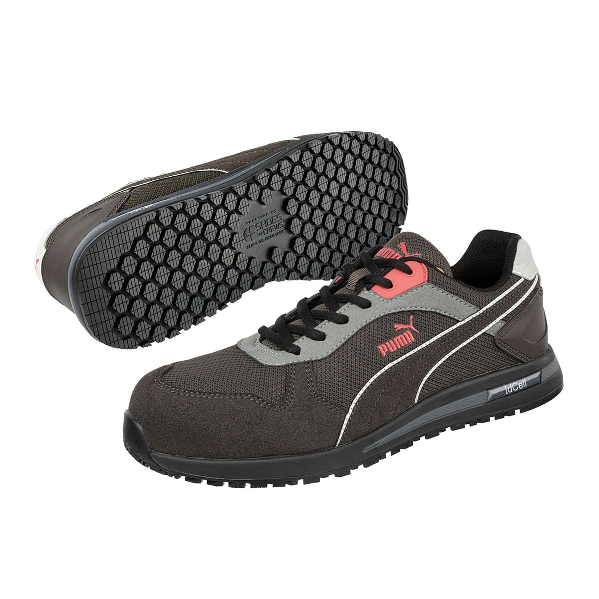 The Frontside Ivy Low from Puma Safety X Shoes For Crews are slip-resistant safety shoes with a clog-resistant outsole and composite-fiberglass toe cap, seen vertically on the left and the sole turned sideways.