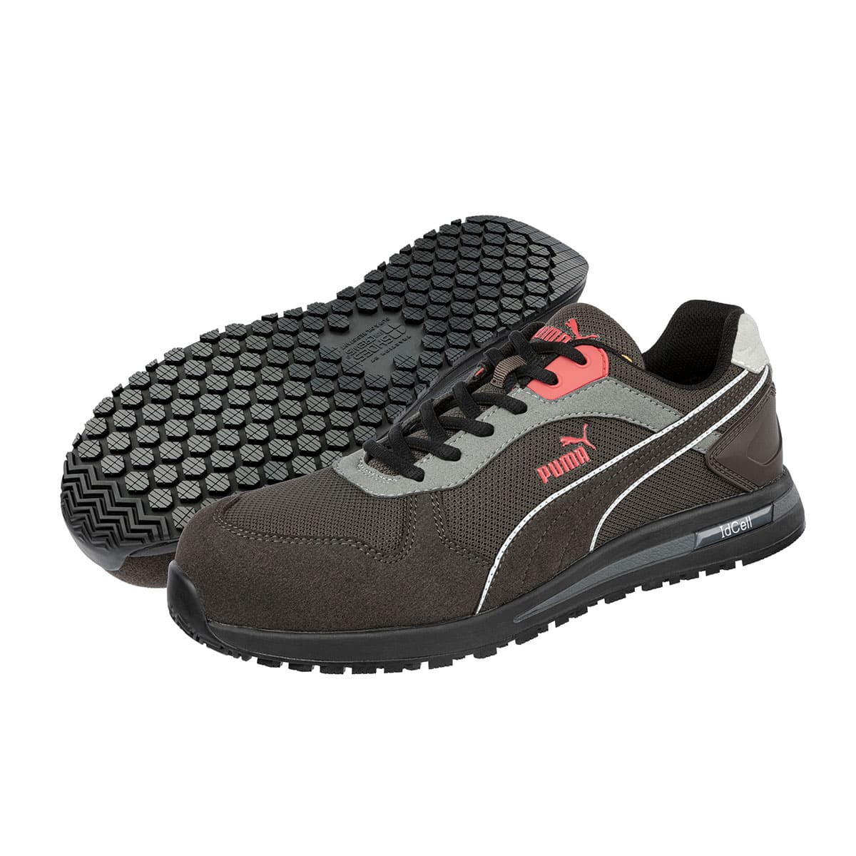 The Frontside Ivy Low from Puma Safety X Shoes For Crews are slip-resistant safety shoes with a clog-resistant outsole and composite-fiberglass toe cap, seen vertically on the left side and sole facing downwards.