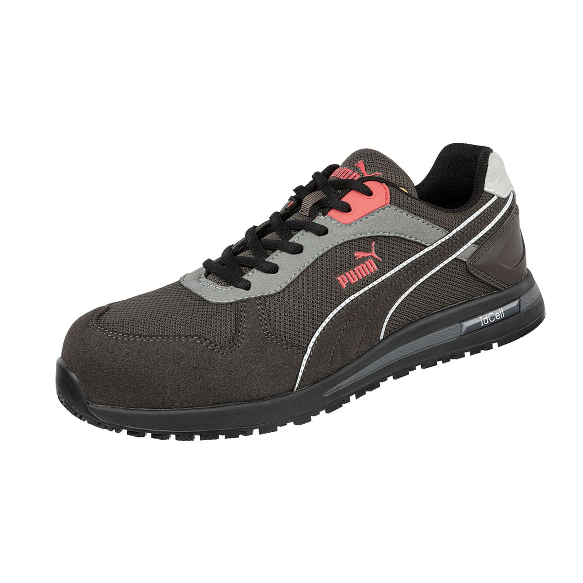 The Frontside Ivy Low from Puma Safety X Shoes For Crews are slip-resistant safety shoes with a clog-resistant outsole and composite-fiberglass toe cap, seen from the left profile.