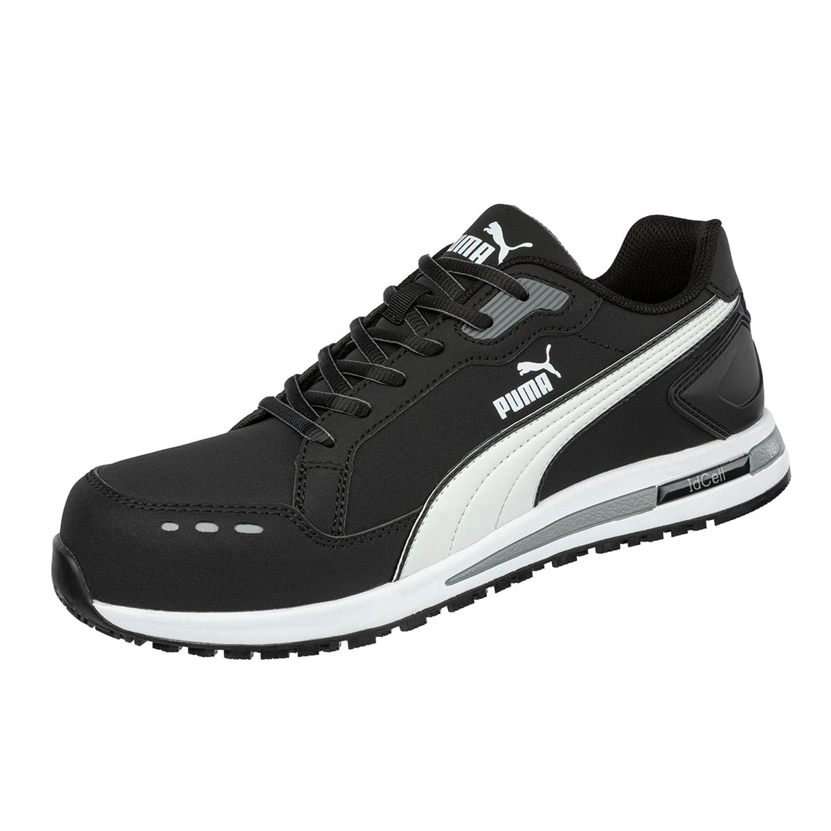 Black slip resistant shoe with composite toe cap (200 joules), profile view.