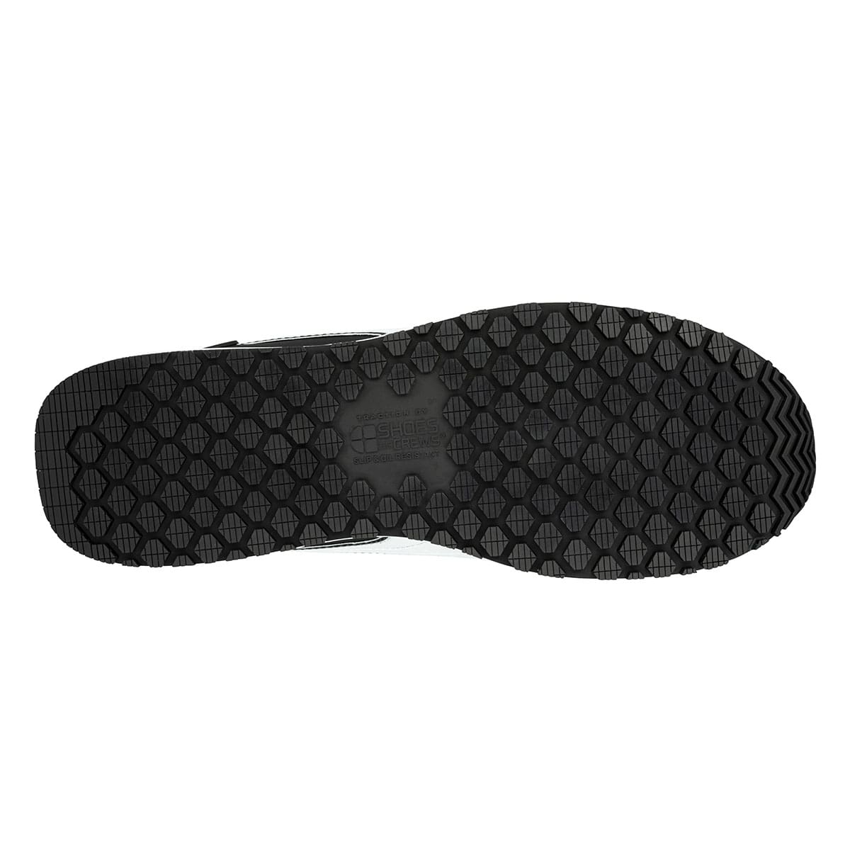 Black slip resistant shoe with composite toe cap (200 joules), sole view.