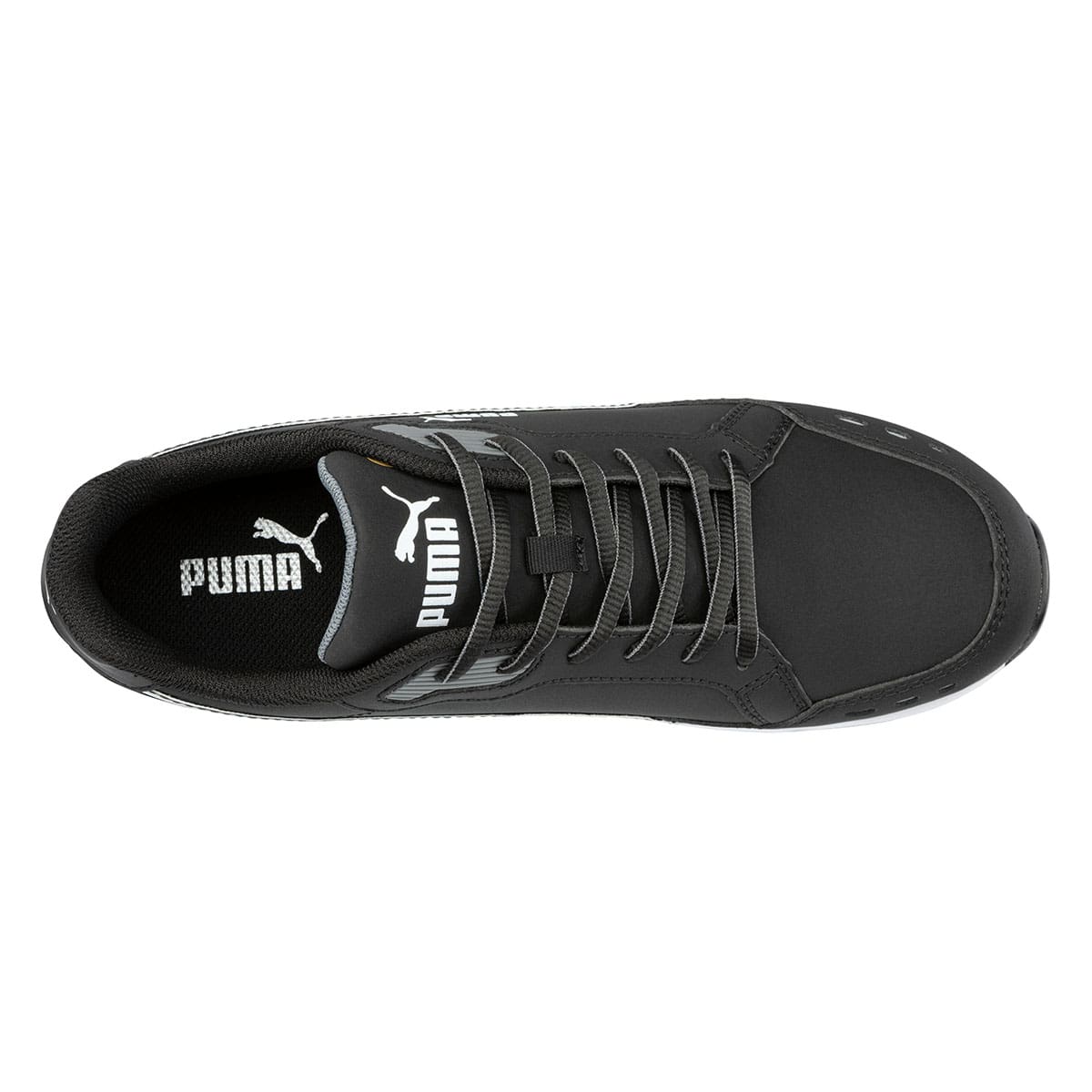 Black slip resistant shoe with composite toe cap (200 joules), top view.
