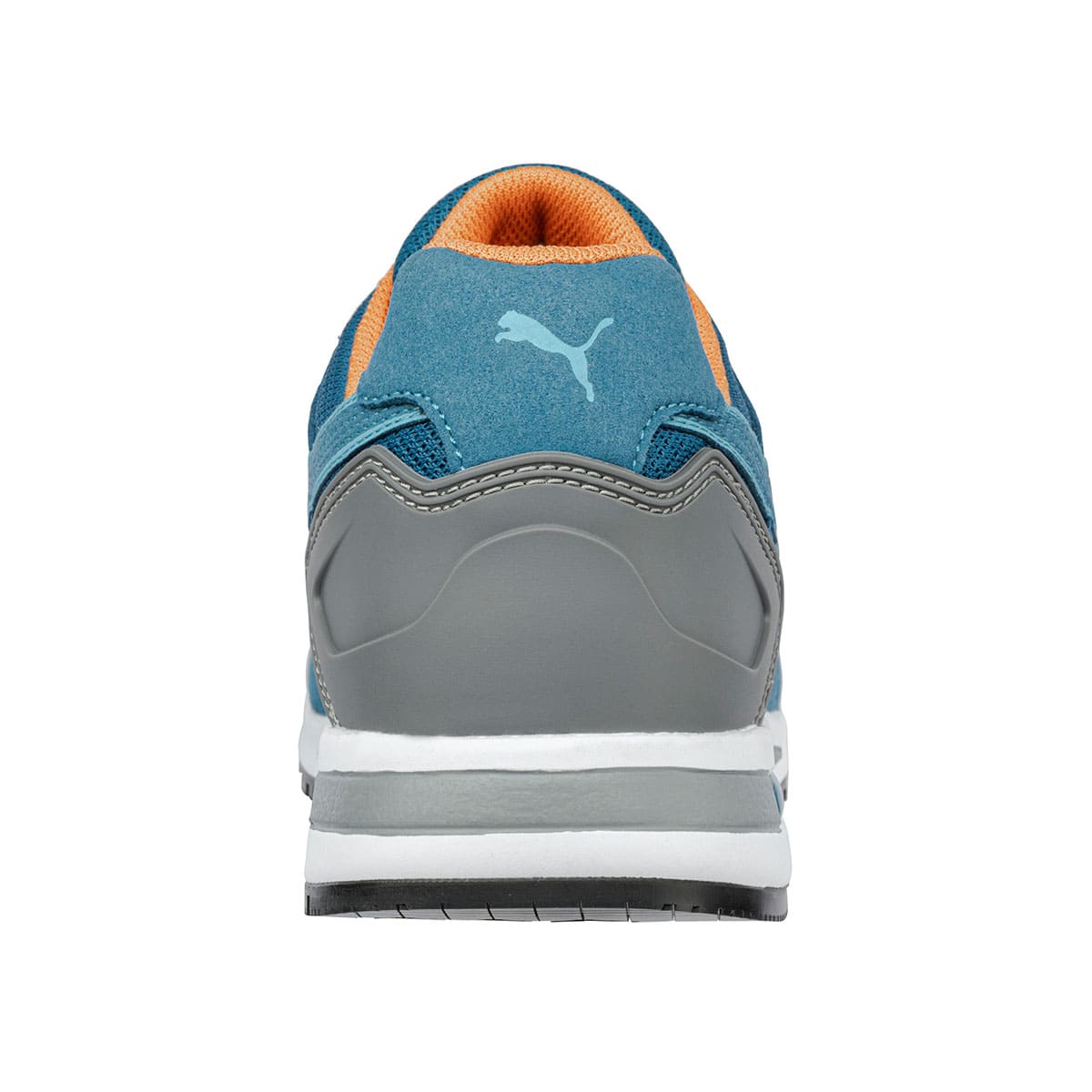 The Frontside Blue Low from Puma Safety X Shoes For Crews are slip-resistant safety shoes with a clog-resistant outsole and composite-fiberglass toe cap, seen from the back.