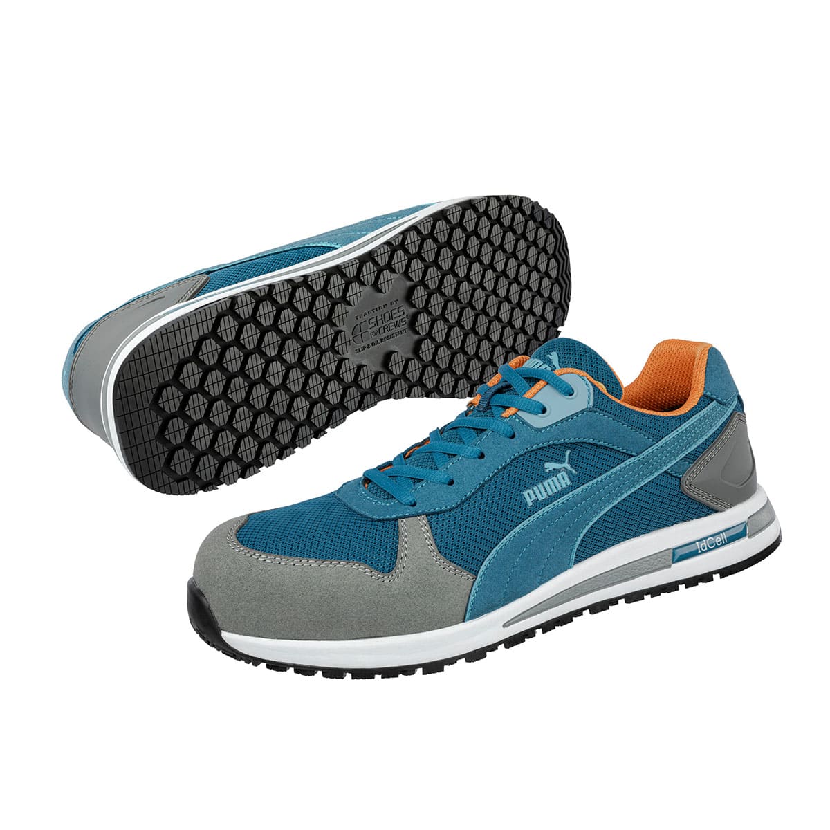 The Frontside Blue Low from Puma Safety X Shoes For Crews are slip-resistant safety shoes with a clog-resistant outsole and composite-fiberglass toe cap, seen vertically on the left and the sole turned sideways.