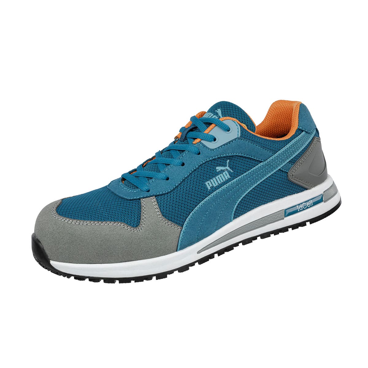 The Frontside Blue Low from Puma Safety X Shoes For Crews are slip-resistant safety shoes with a clog-resistant outsole and composite-fiberglass toe cap, seen from the left profile.