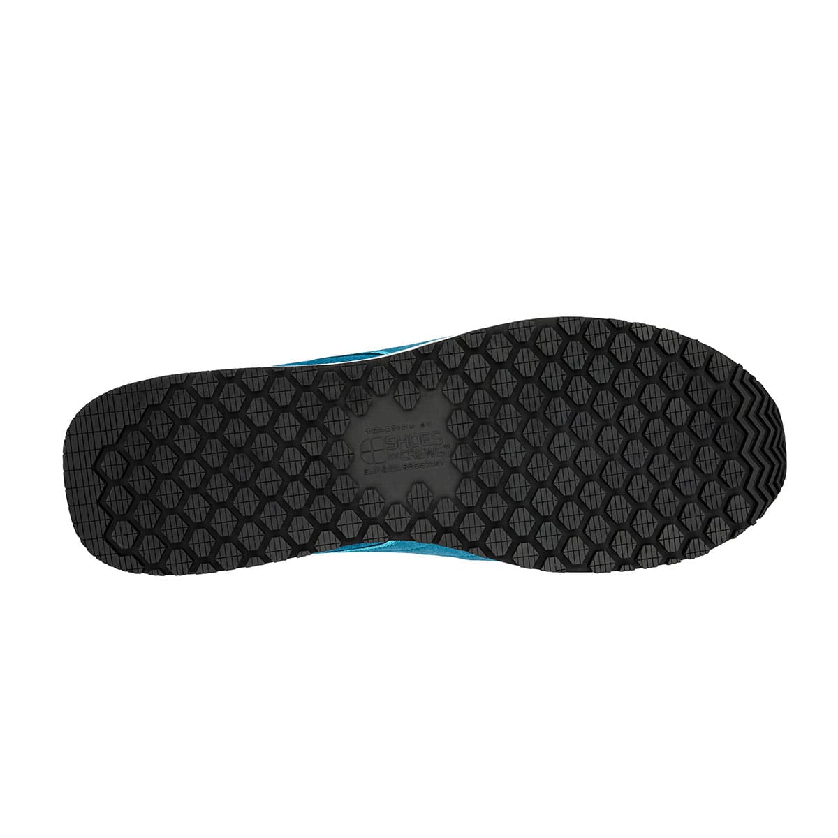 The Frontside Blue Low from Puma Safety X Shoes For Crews are slip-resistant safety shoes with a clog-resistant outsole and composite-fiberglass toe cap, seen from below.