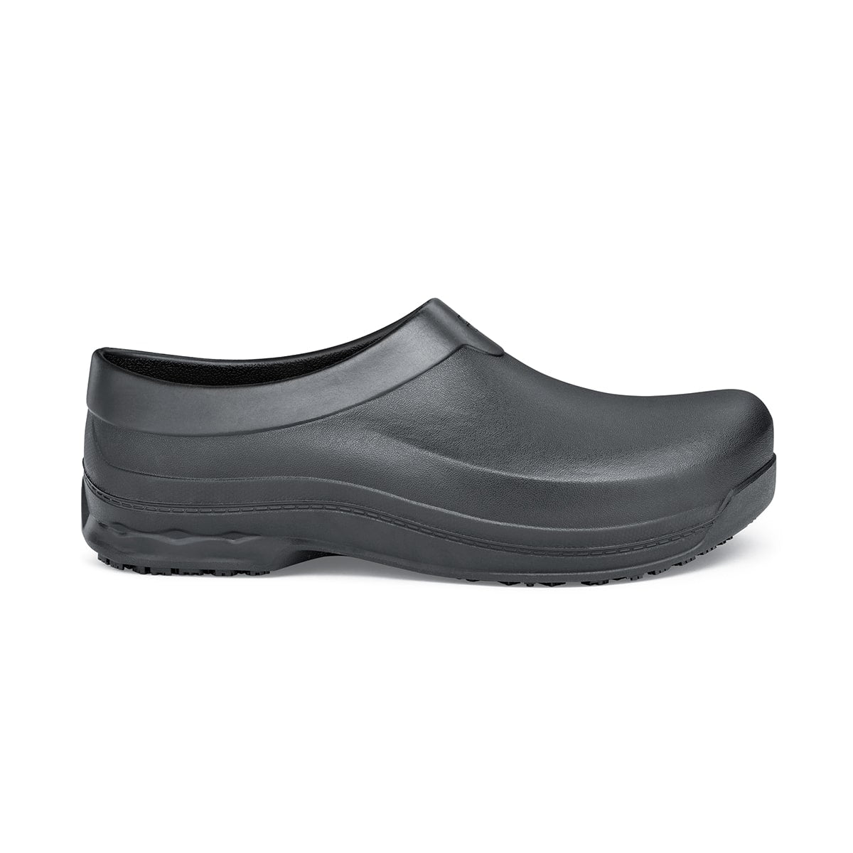 The Radium from Shoes For Crews are slip-on, slip-resistant shoes designed to provide comfort throughout the day, seen from the right.